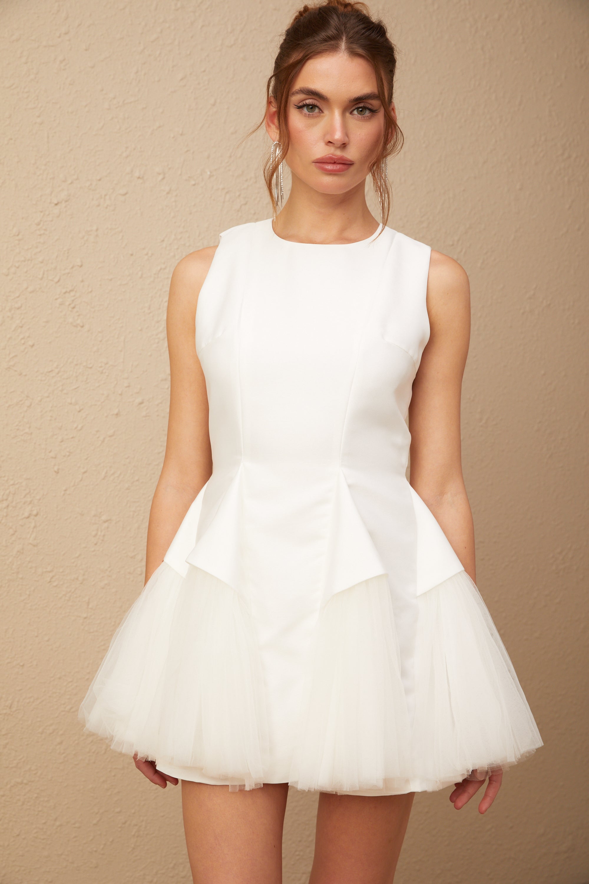 Assunta white puff tulle panelled mini dress (US Only)