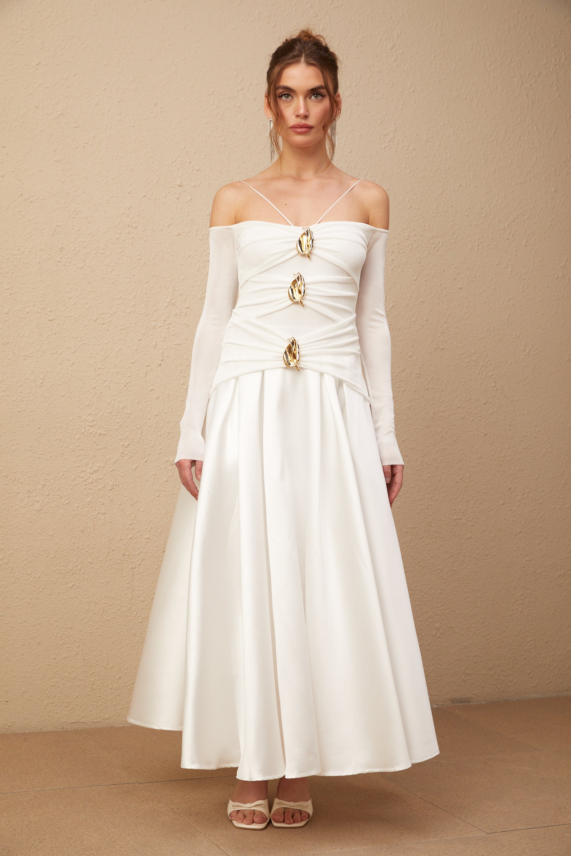 Nadine off-shoulder panelled maxi dress in White (Final Sale)