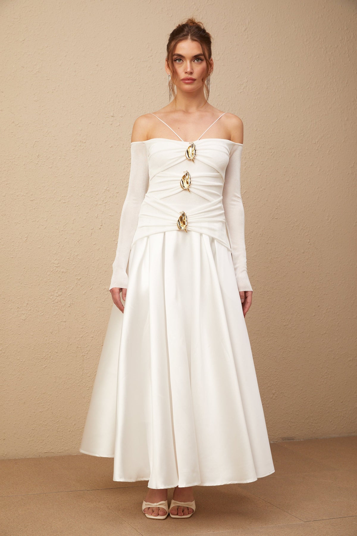 Nadine off-shoulder panelled maxi dress in White (Final Sale-US Only)