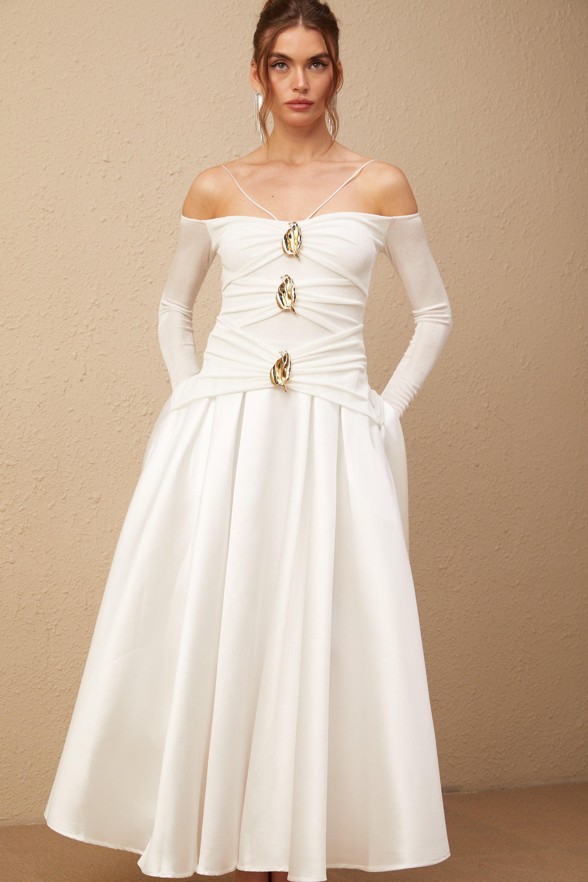 Nadine off-shoulder panelled maxi dress in White (Final Sale-US Only)