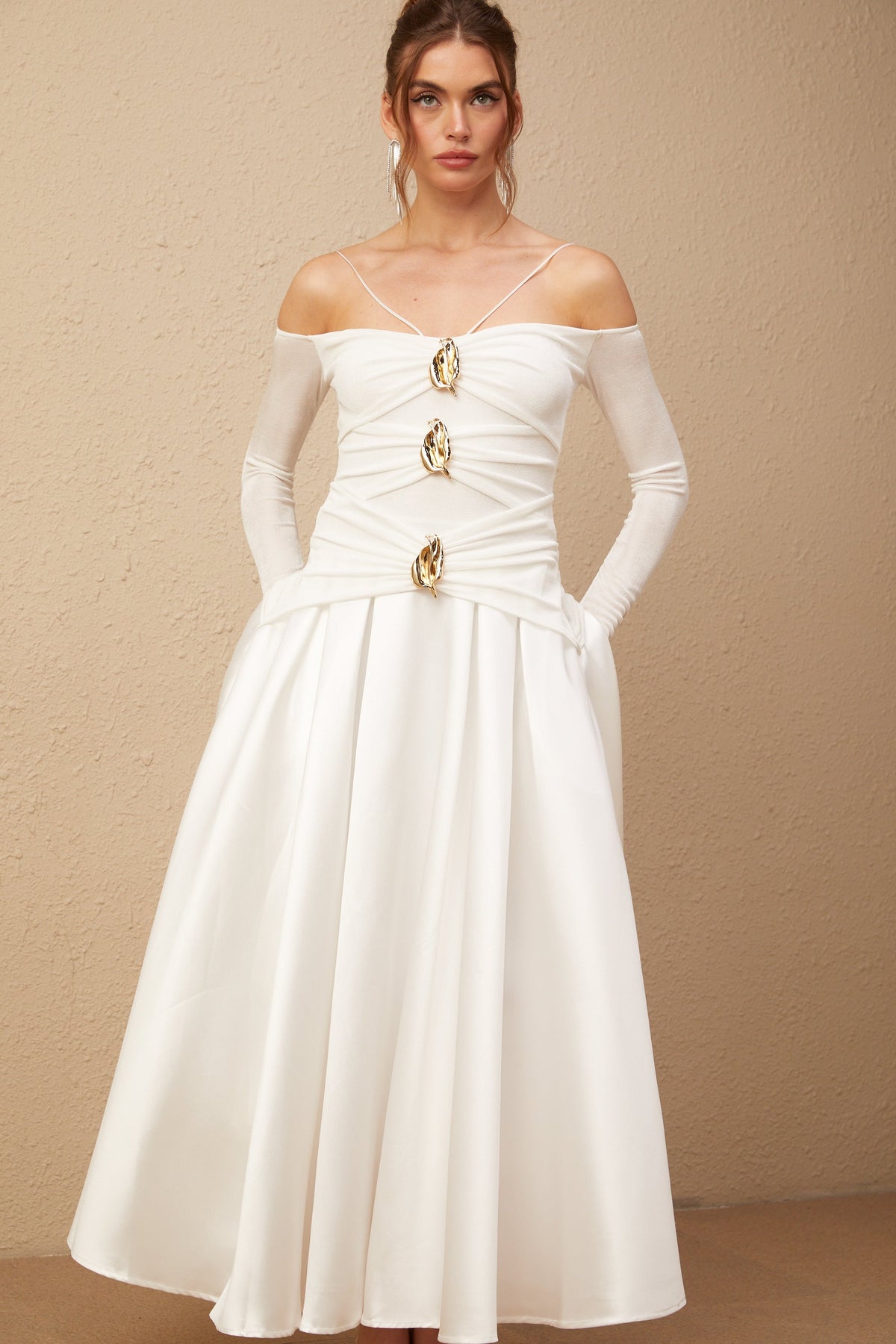 Nadine off-shoulder panelled maxi dress in White (Final Sale-US Only)