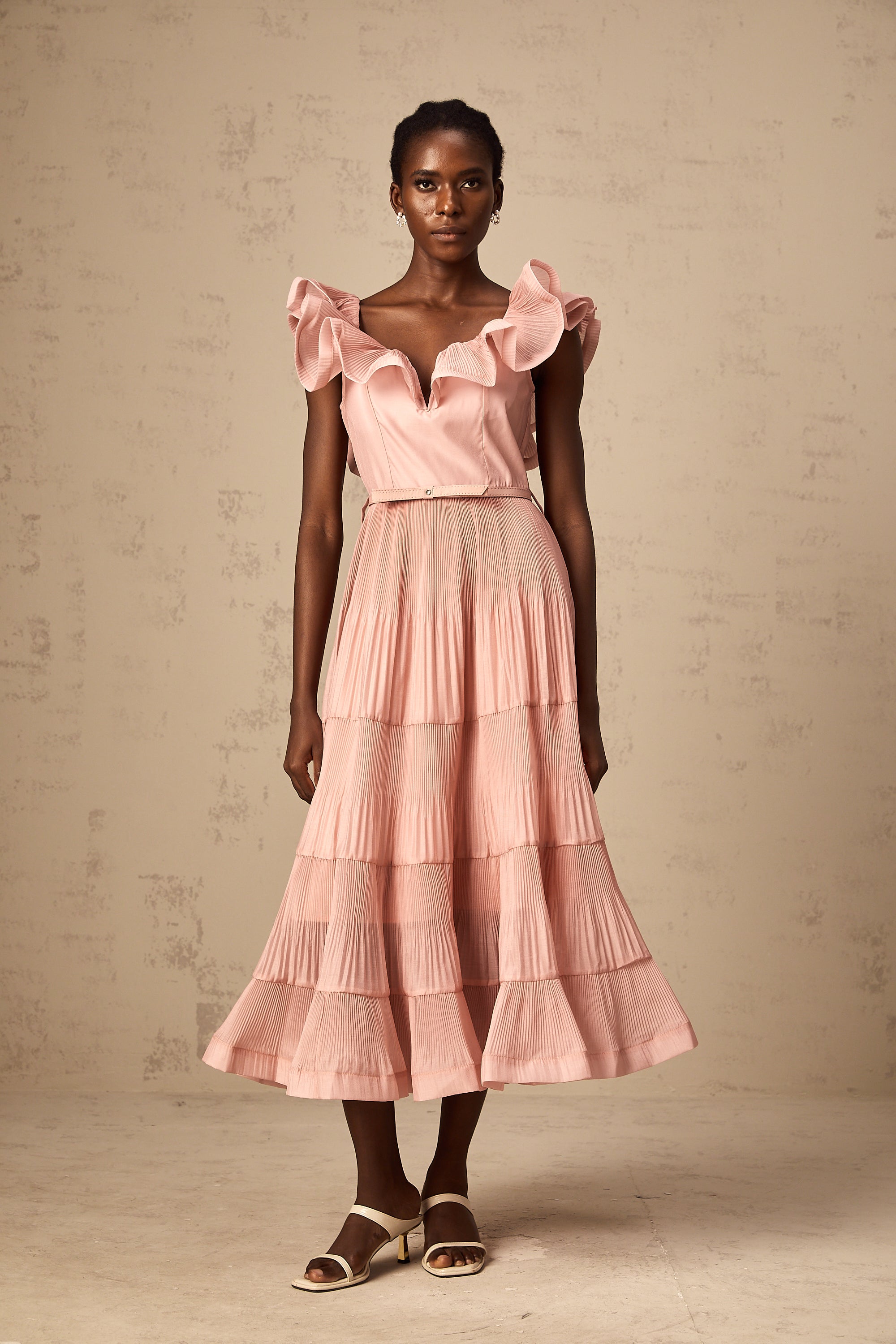 Valentina coral-pink pleated frilled midi dress (Final Sale-US Only)