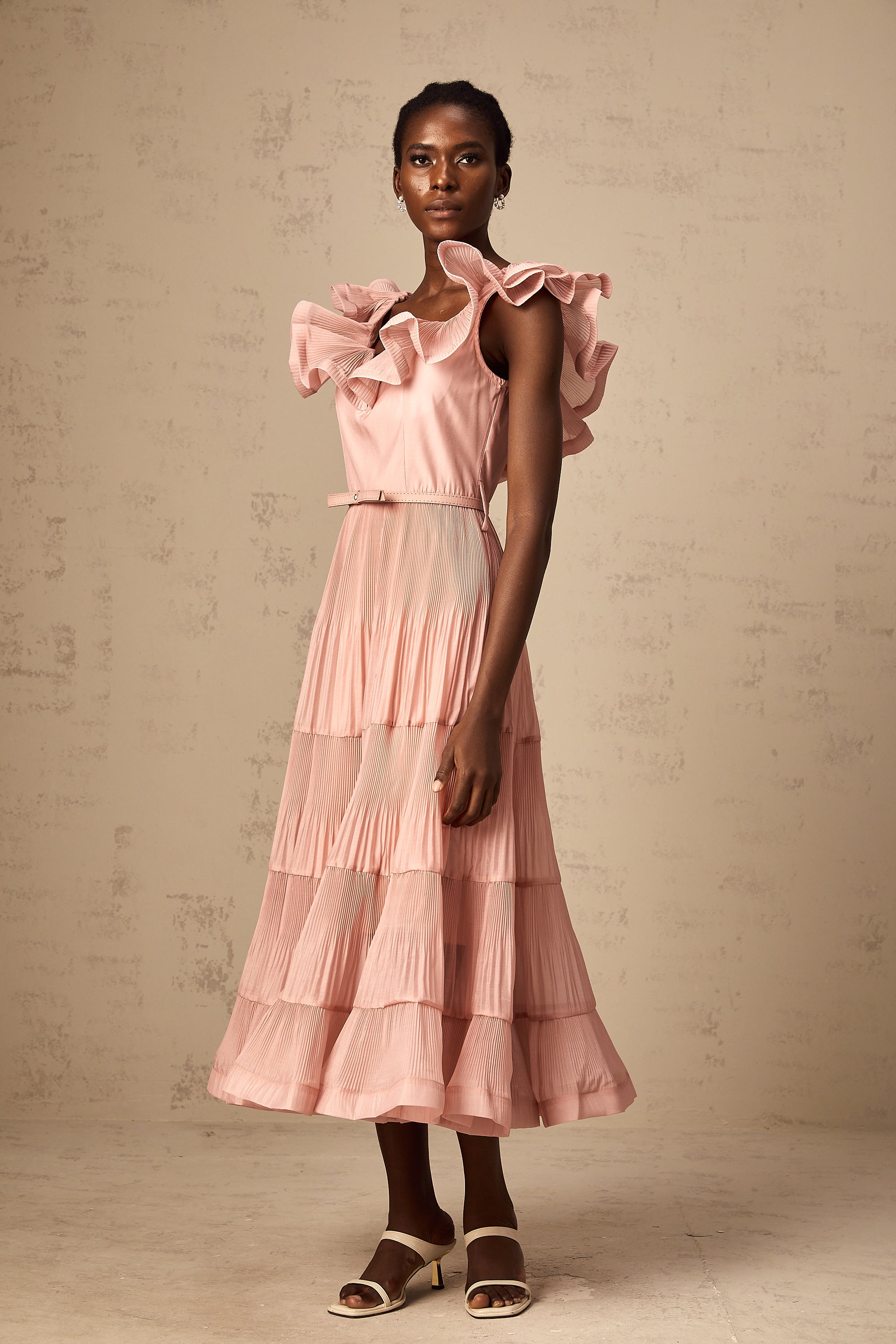 Valentina coral-pink pleated frilled midi dress (Final Sale-US Only)