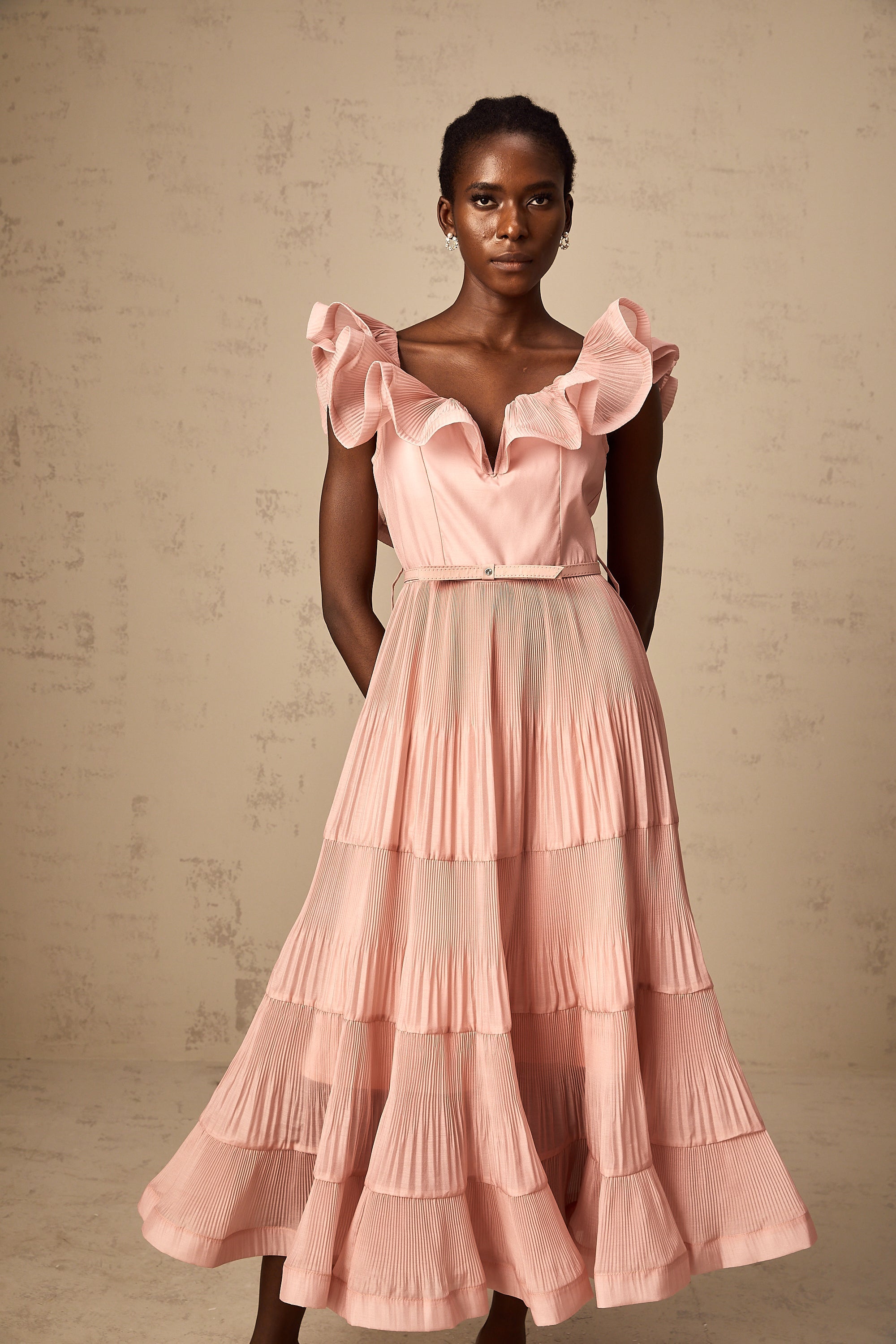 Valentina coral-pink pleated frilled midi dress (Final Sale-US Only)