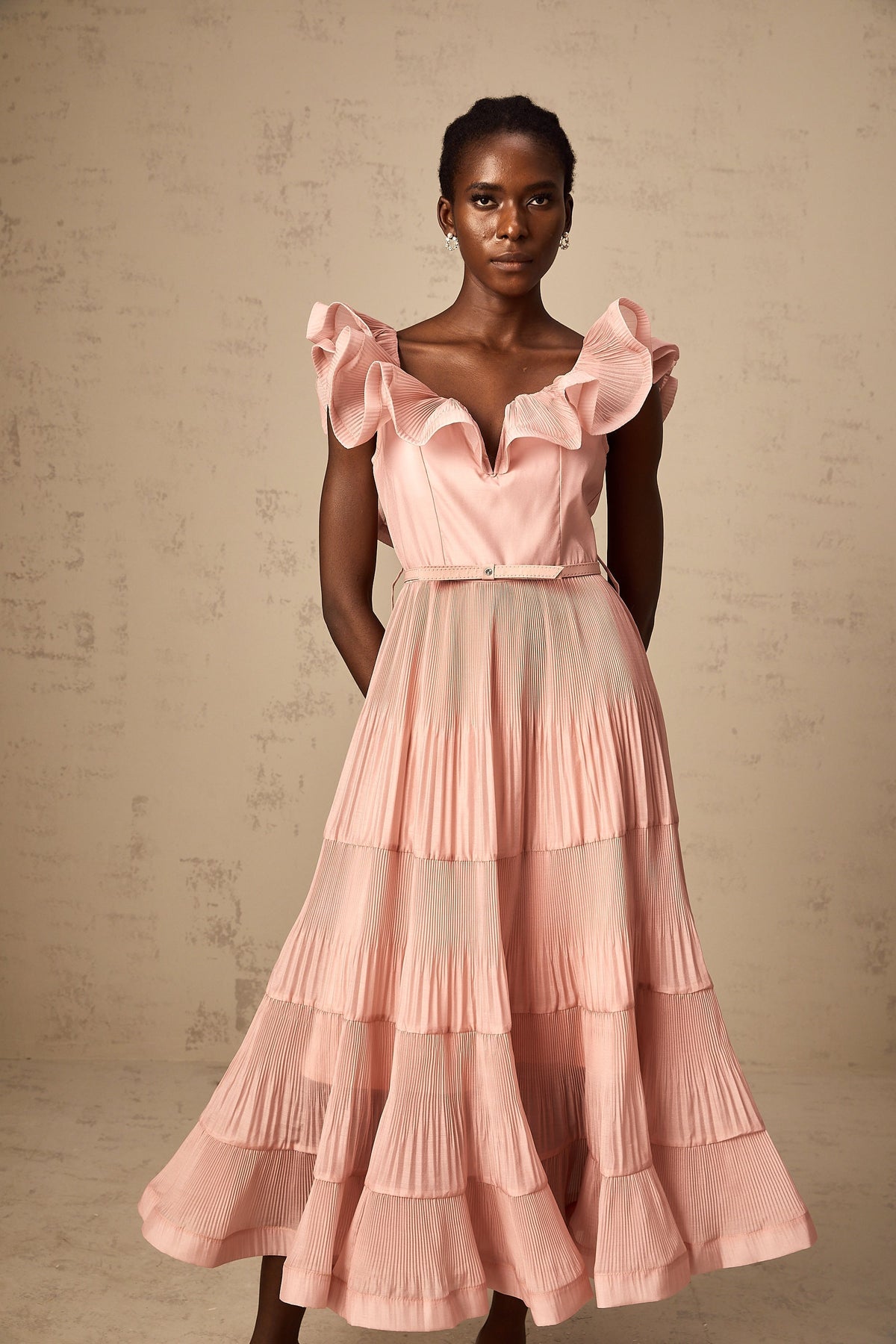 Valentina coral-pink pleated frilled midi dress (Final Sale-US Only)
