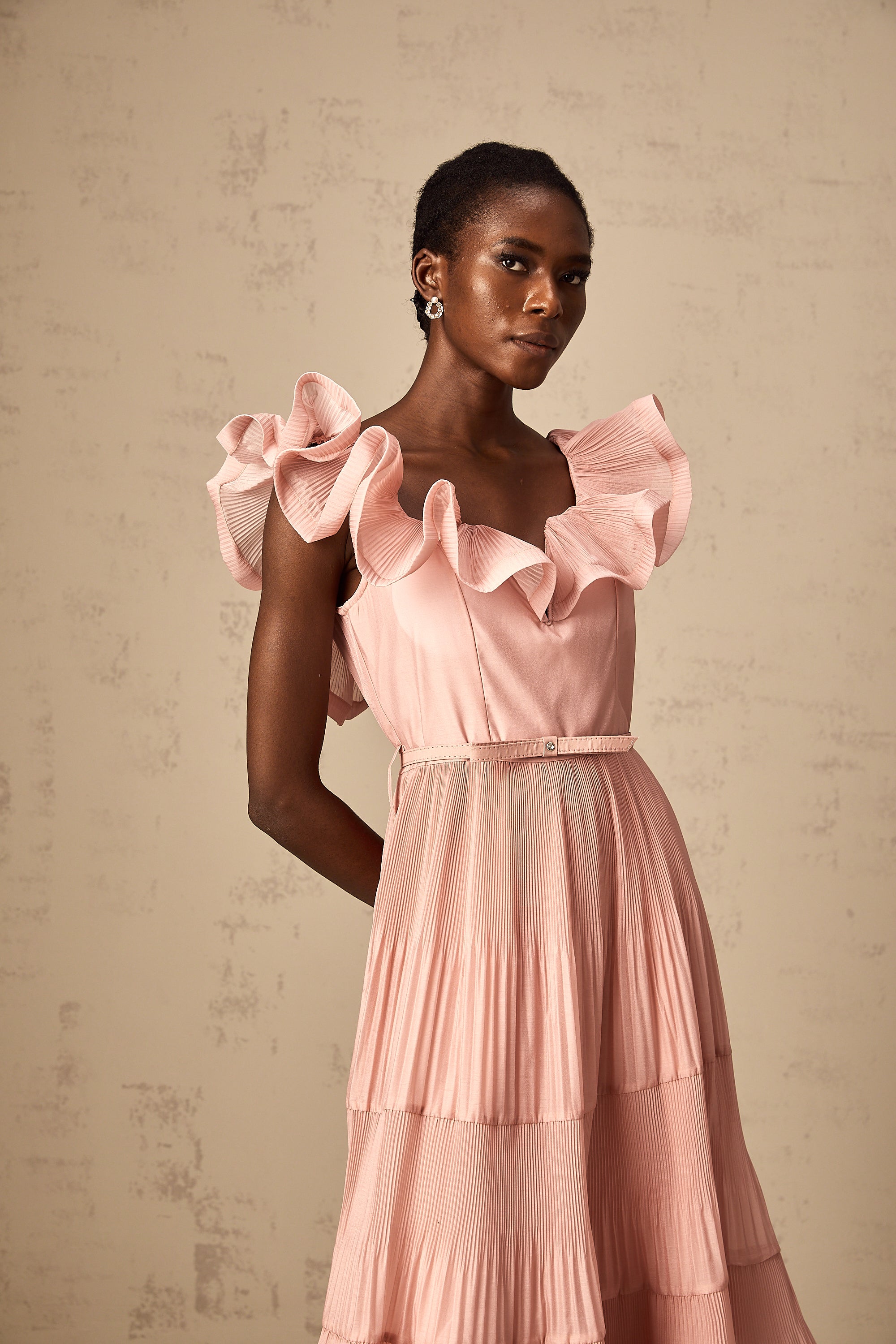 Valentina coral-pink pleated frilled midi dress (Final Sale-US Only)