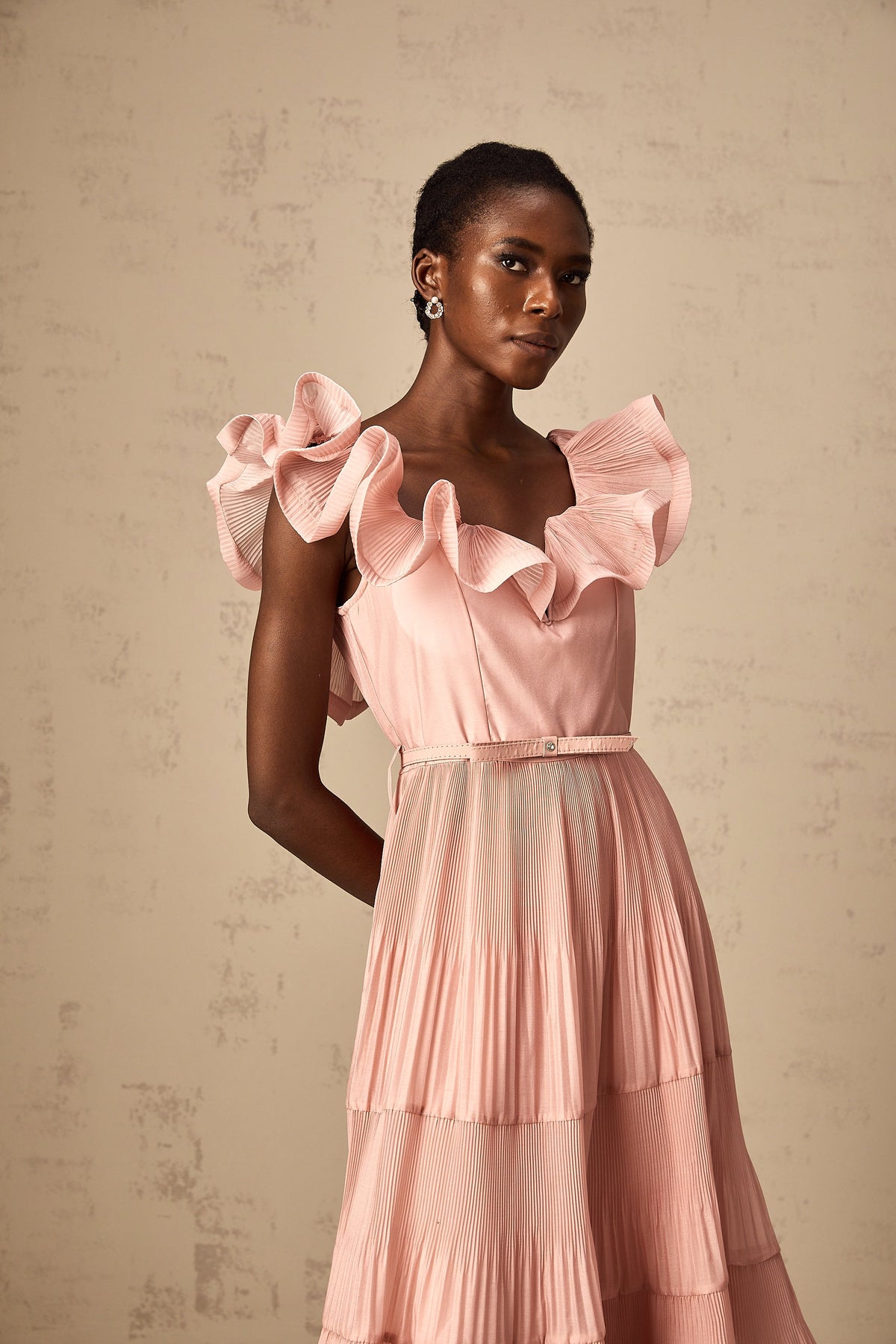 Valentina coral-pink pleated frilled midi dress (Final Sale-US Only)