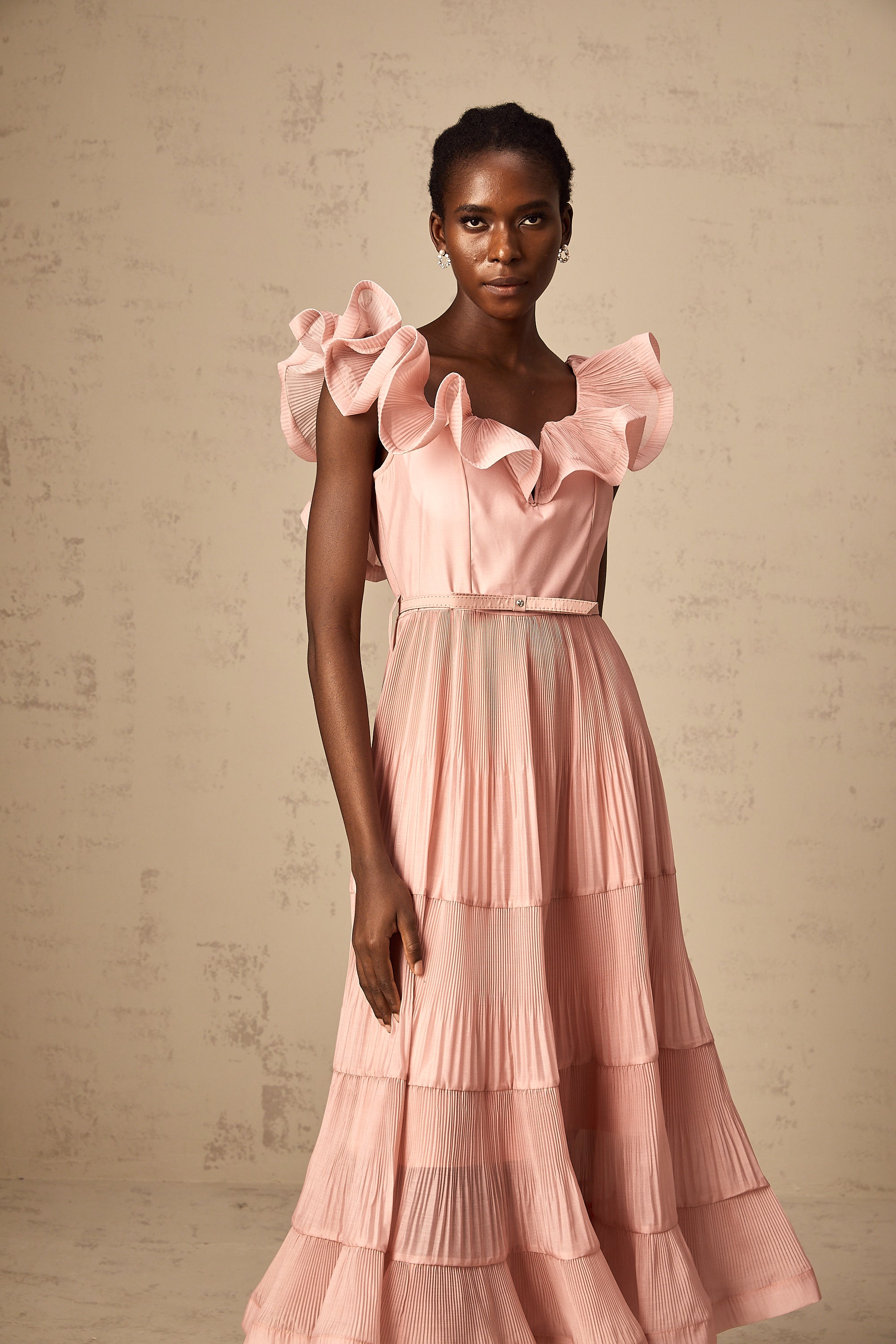 Valentina coral-pink pleated frilled midi dress (Final Sale-US Only)