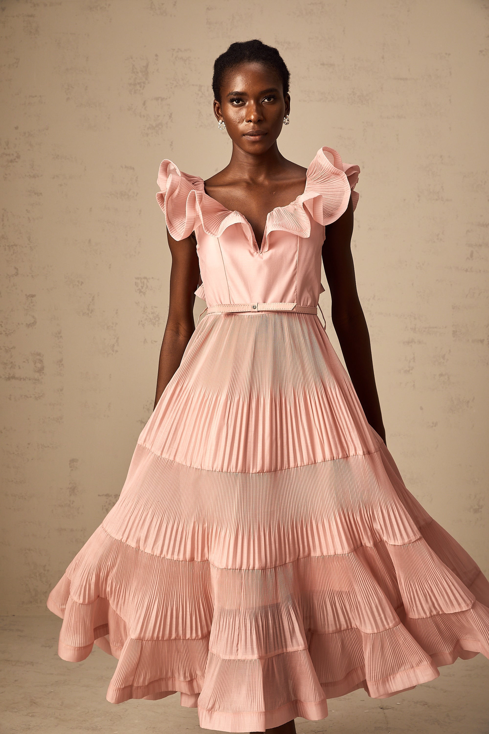 Valentina coral-pink pleated frilled midi dress (Final Sale-US Only)