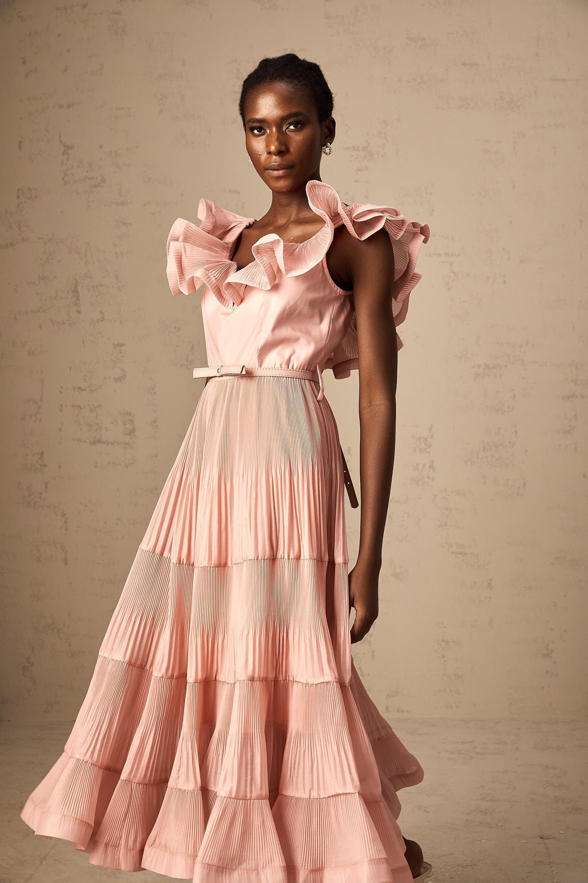 Valentina coral-pink pleated frilled midi dress (Final Sale-US Only)