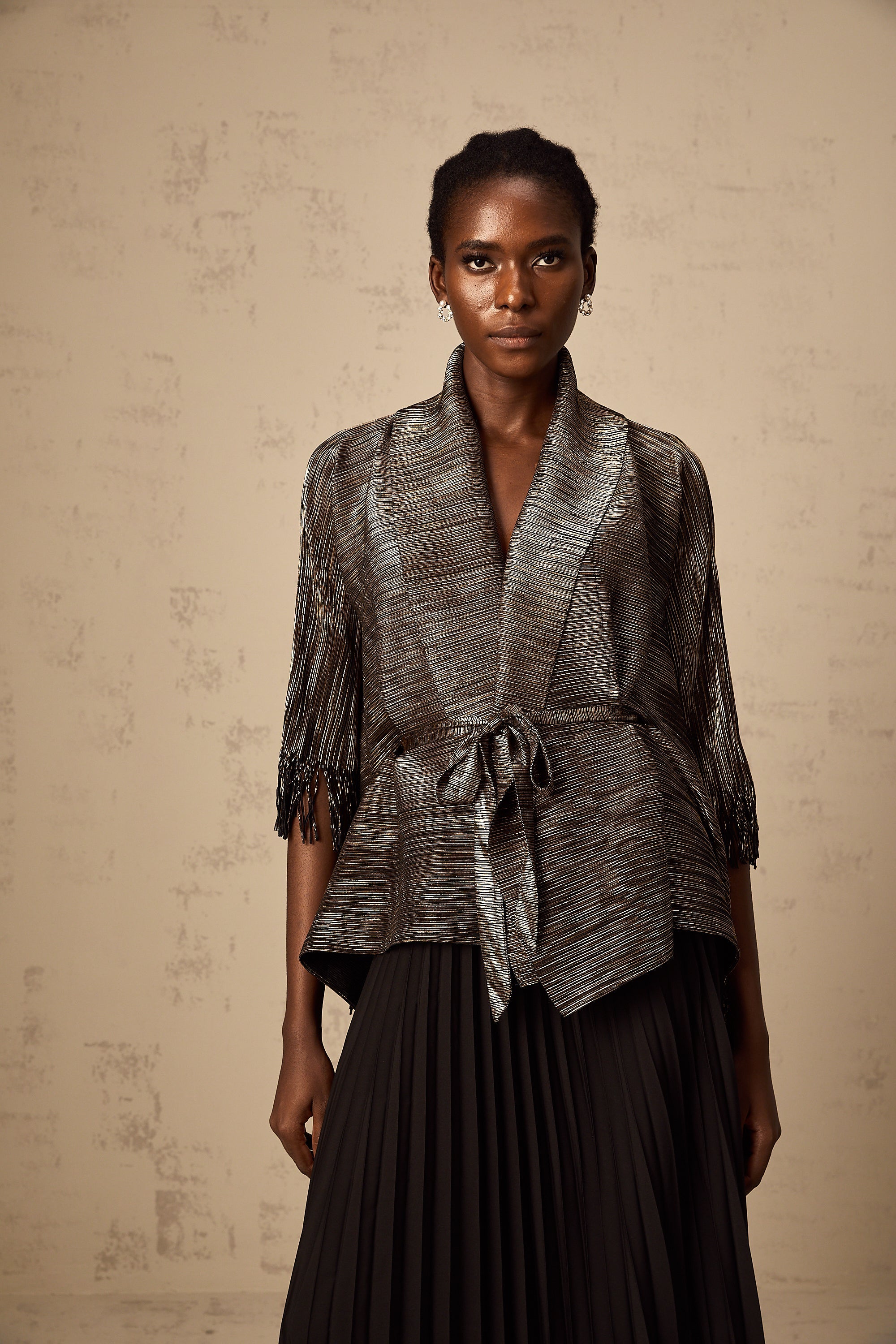 Dextard black gilded creased top & skirt matching set