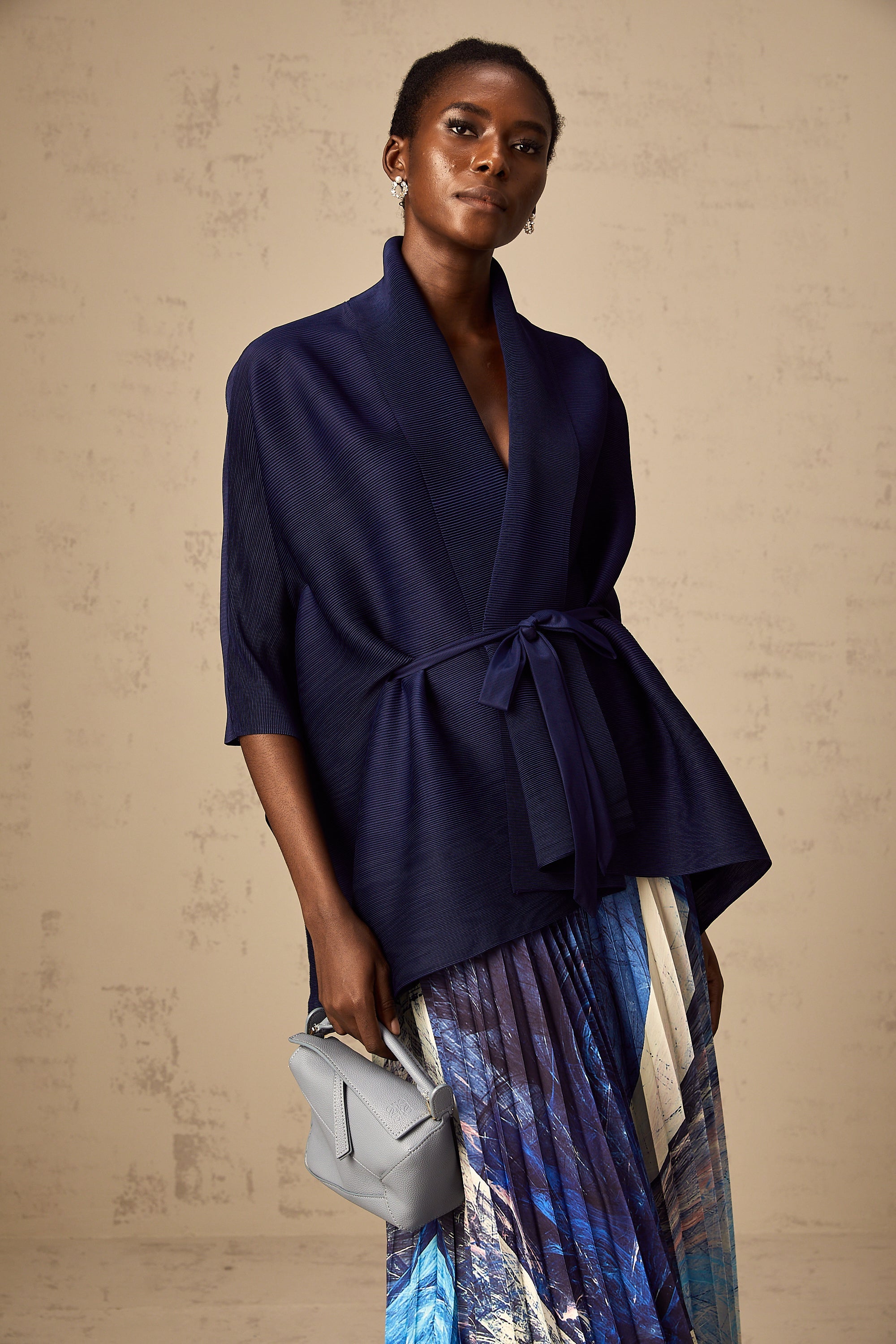 Debbie blue pattern-print creased cape & skirt matching set