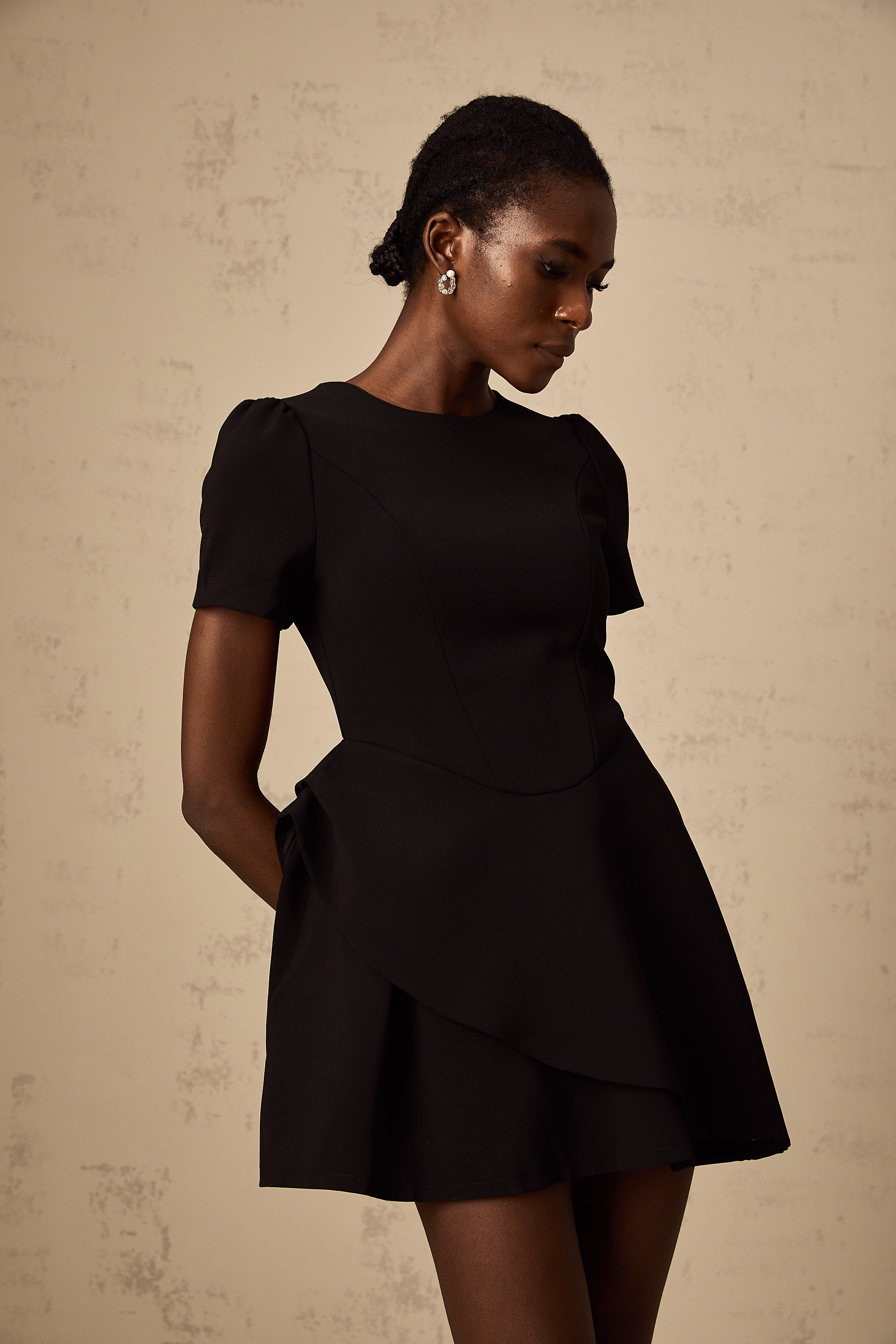 Emma black asymmetrical ruffled mini dress