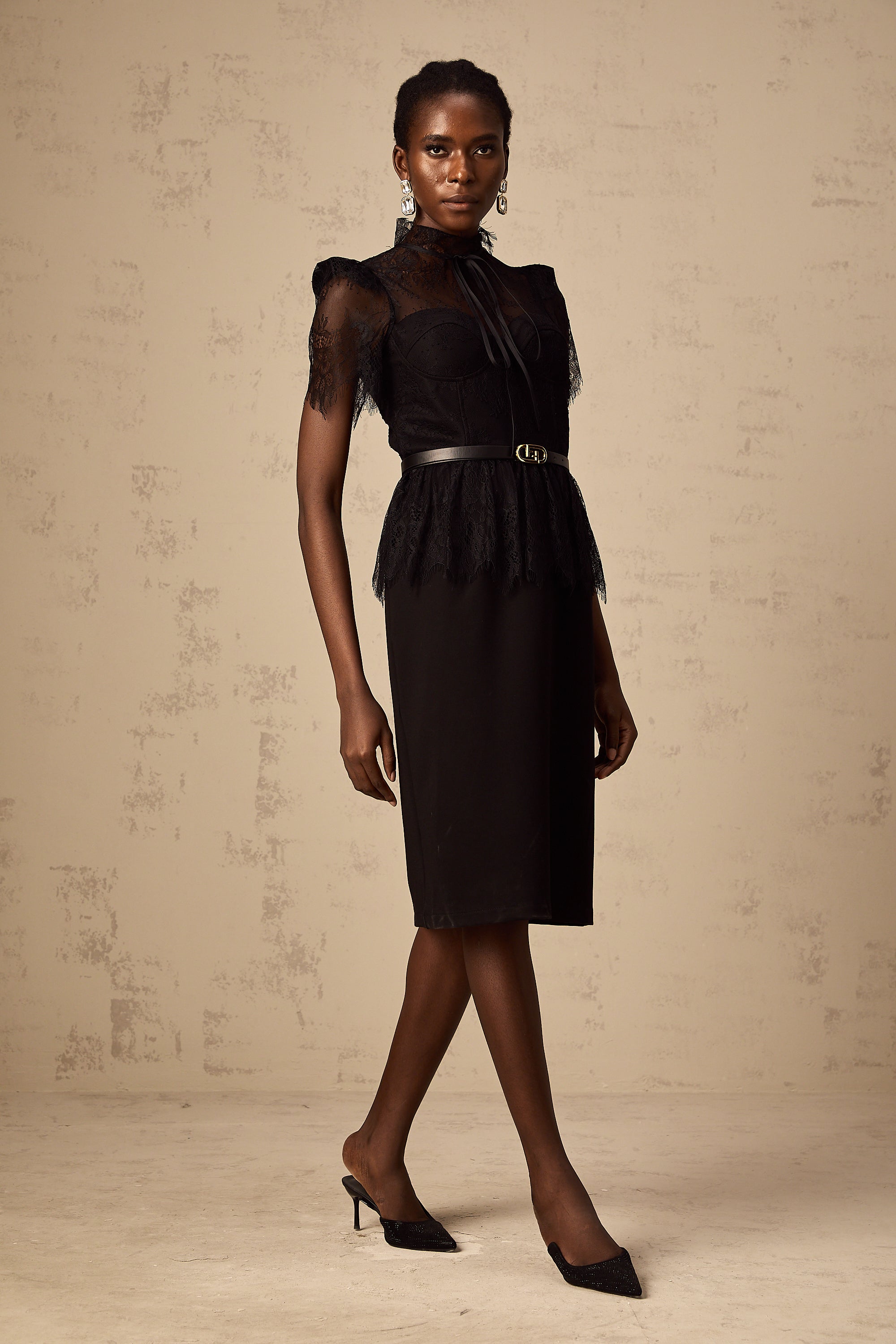 Thérèse black guipure-lace panelled midi dress (Without belt) (Final Sale-US Only)
