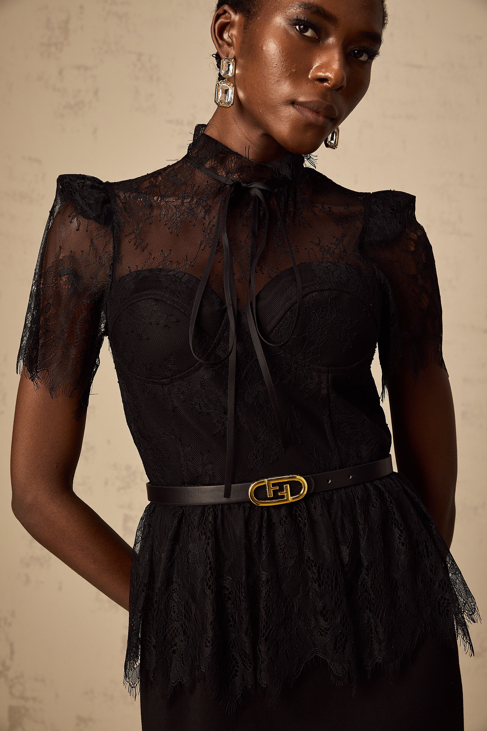 Thérèse black guipure-lace panelled midi dress (Without belt)
