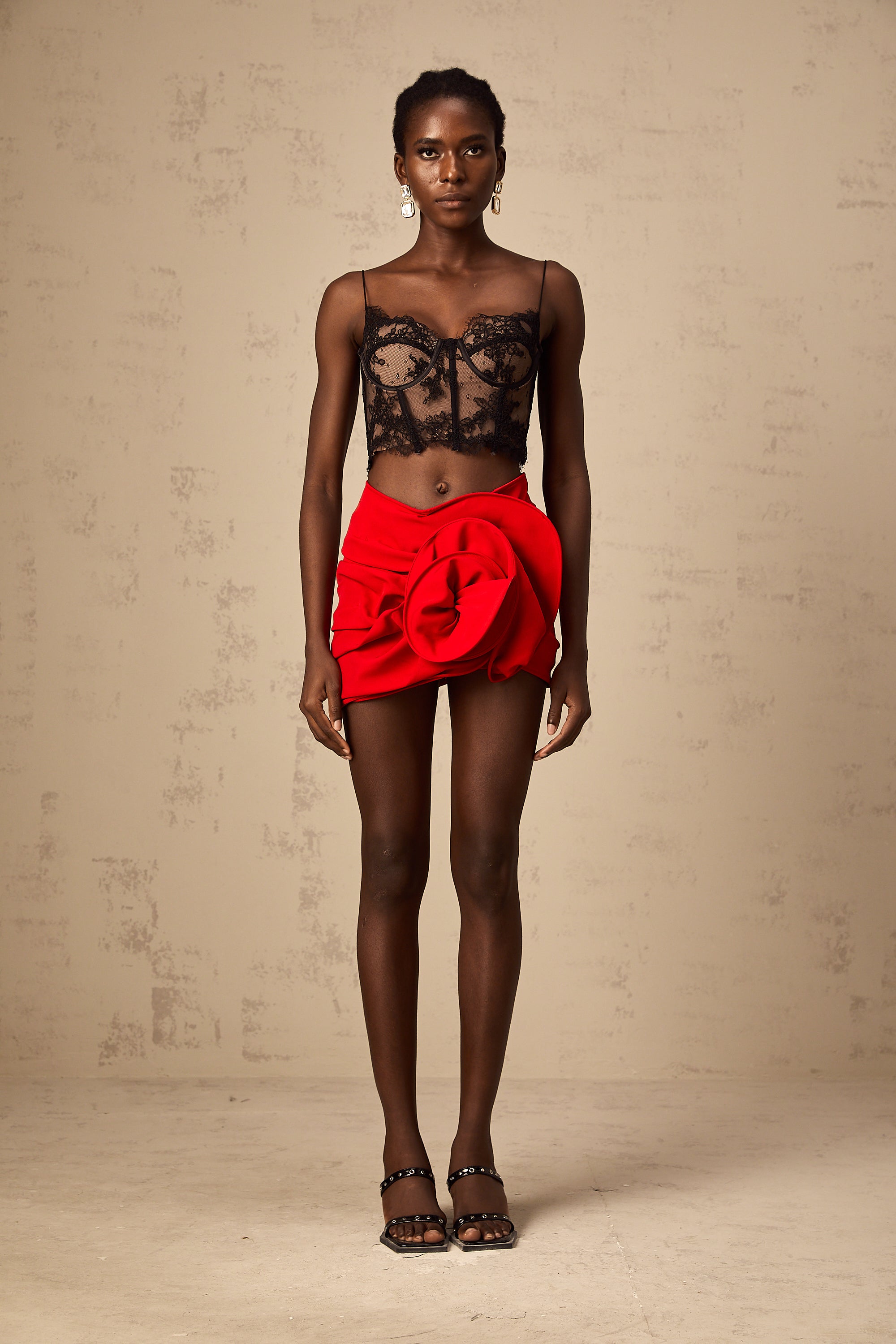 Anne red floral-appliqué boned mini skirt