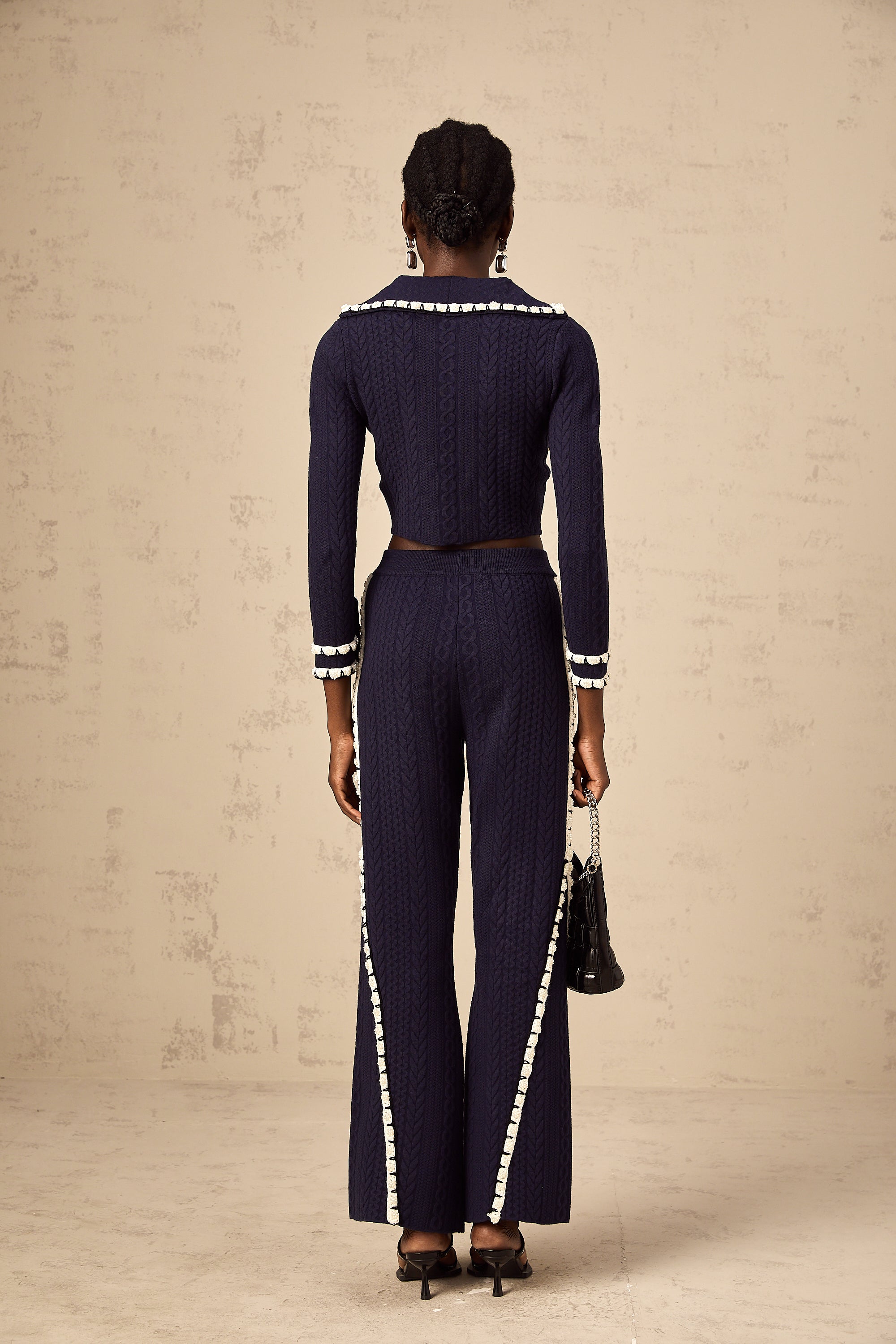 Elvira navy blue crochet-knit cardigan & trousers matching set (Final Sale-US Only)