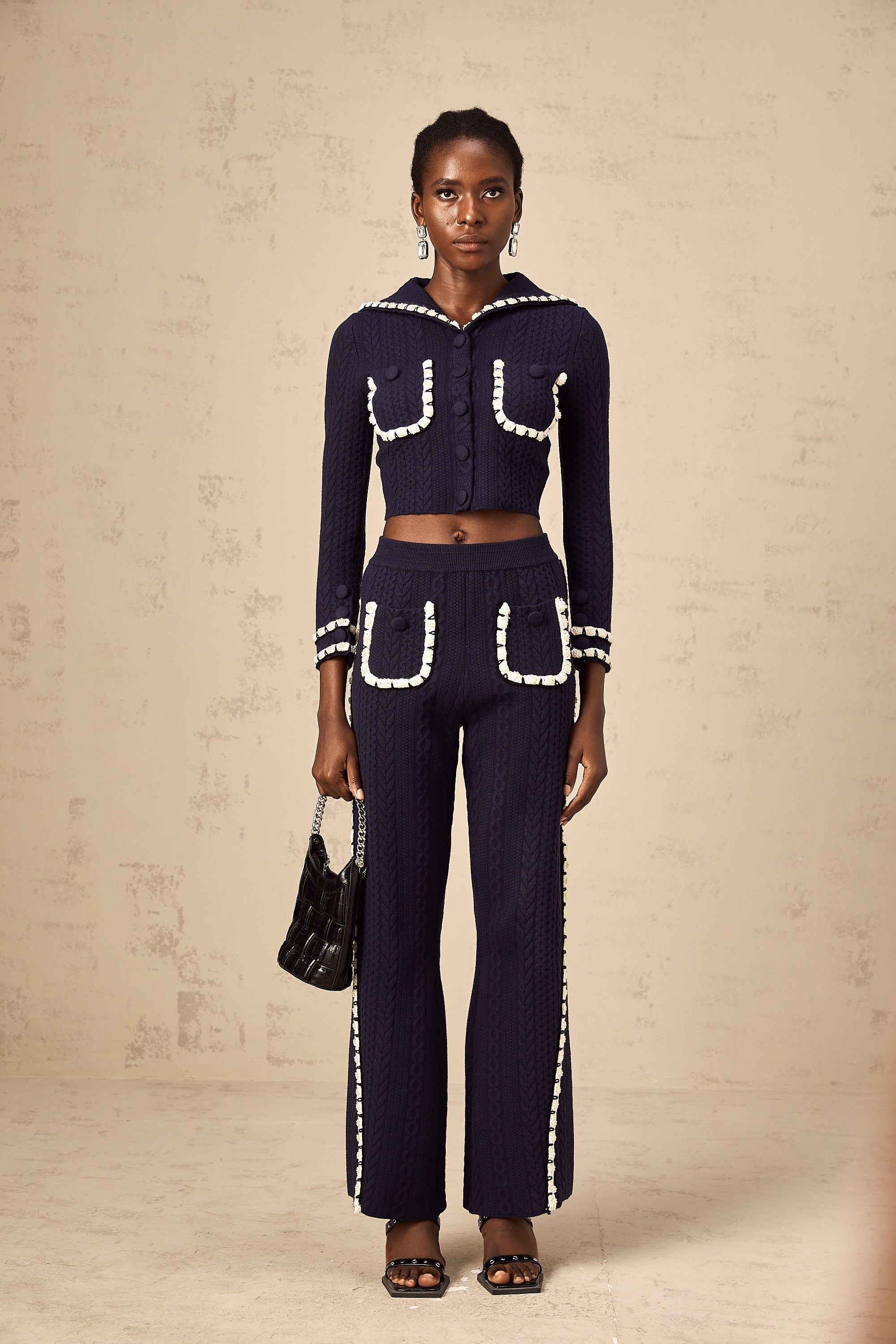Elvira navy blue crochet-knit cardigan & trousers matching set (Final Sale-US Only)