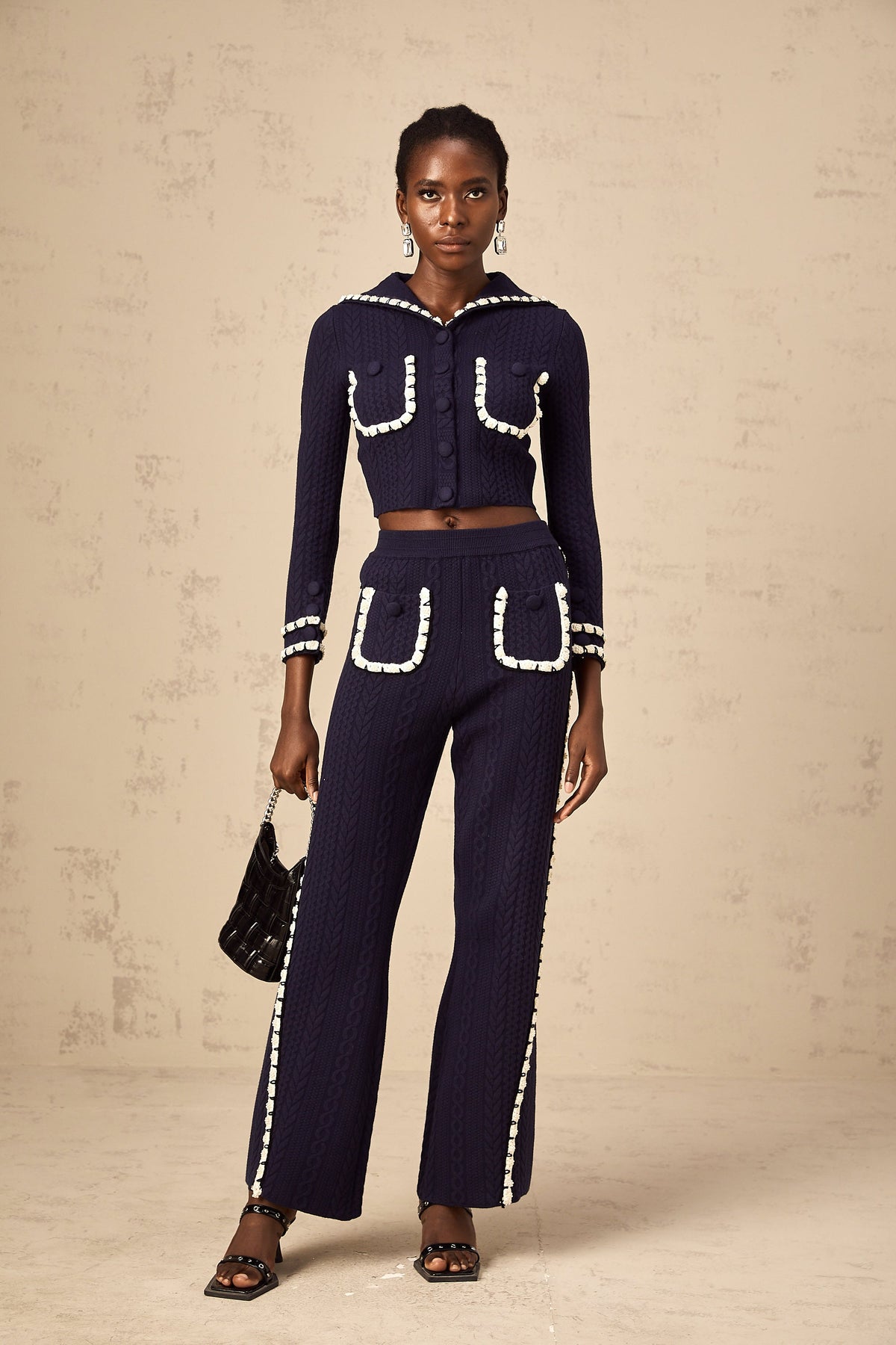 Elvira navy blue crochet-knit cardigan & trousers matching set (Final Sale)