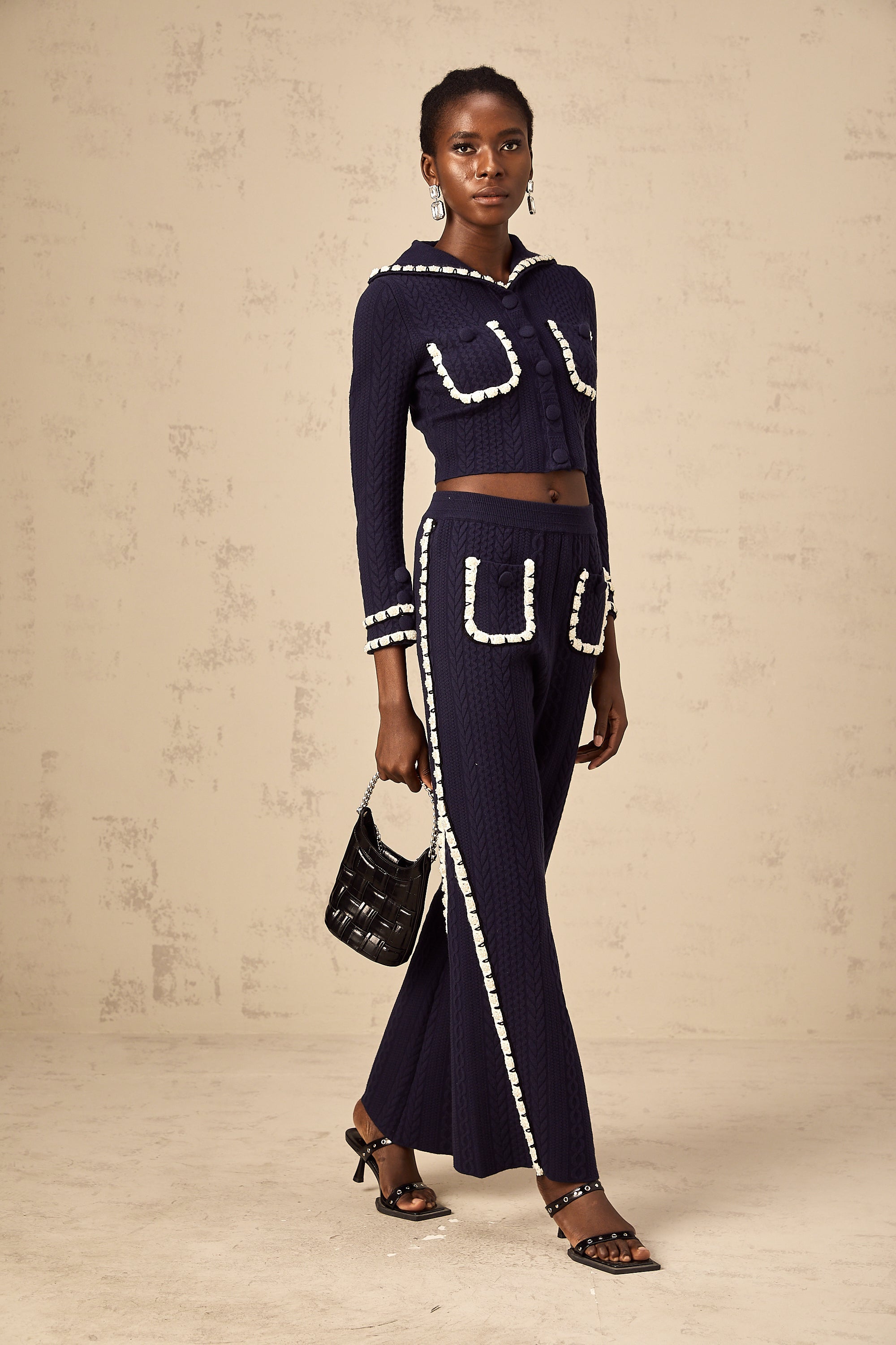 Elvira navy blue crochet-knit cardigan & trousers matching set