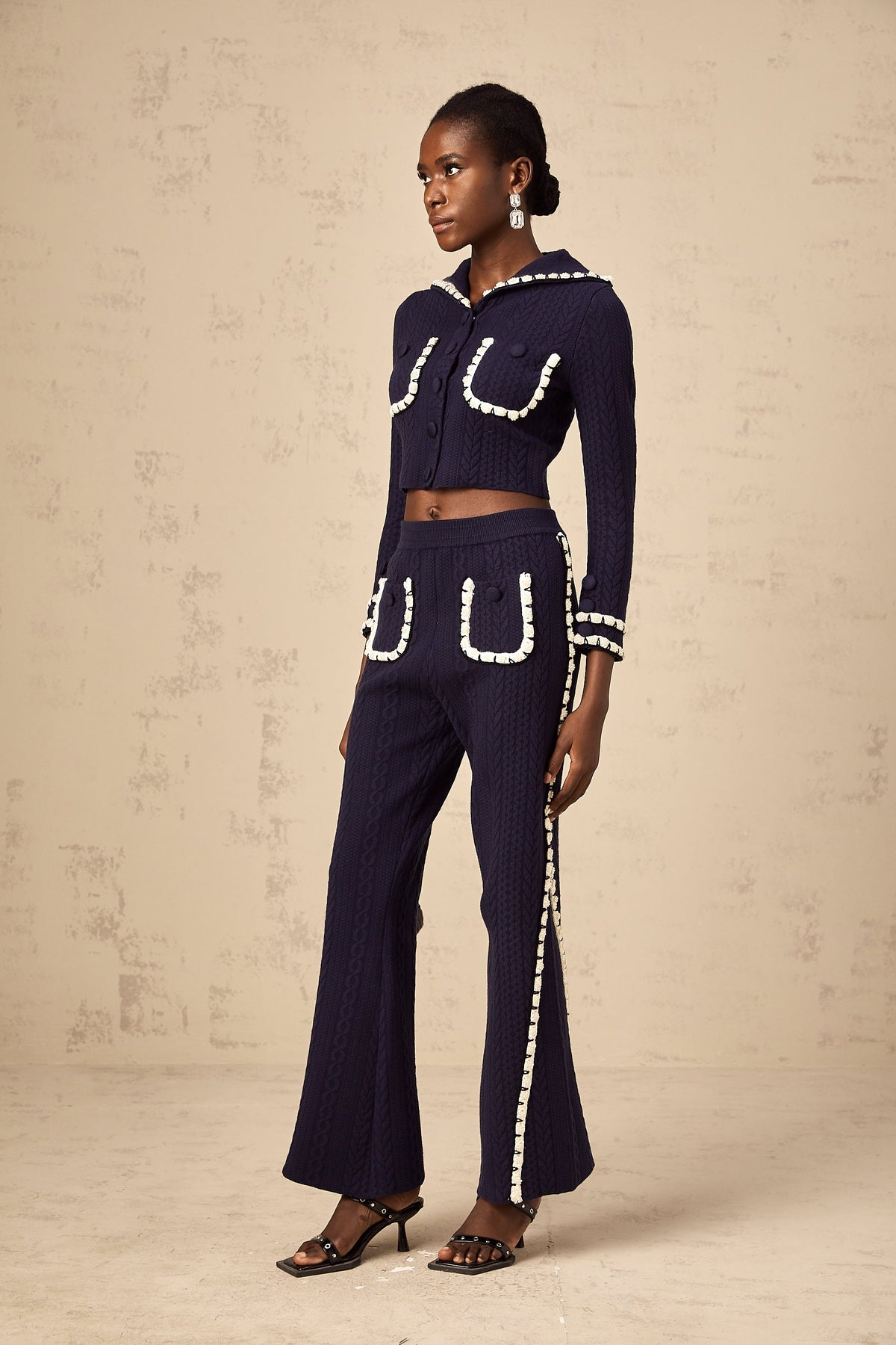 Elvira navy blue crochet-knit cardigan & trousers matching set (Final Sale)