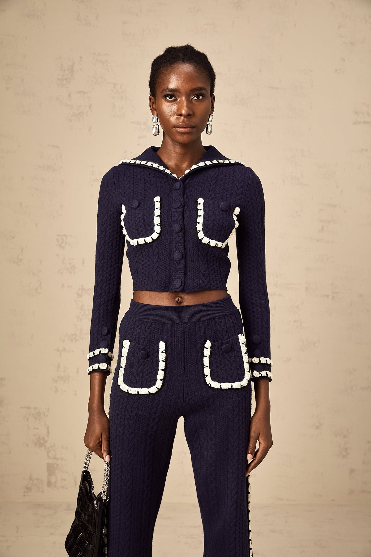 Elvira navy blue crochet-knit cardigan & trousers matching set (Final Sale)