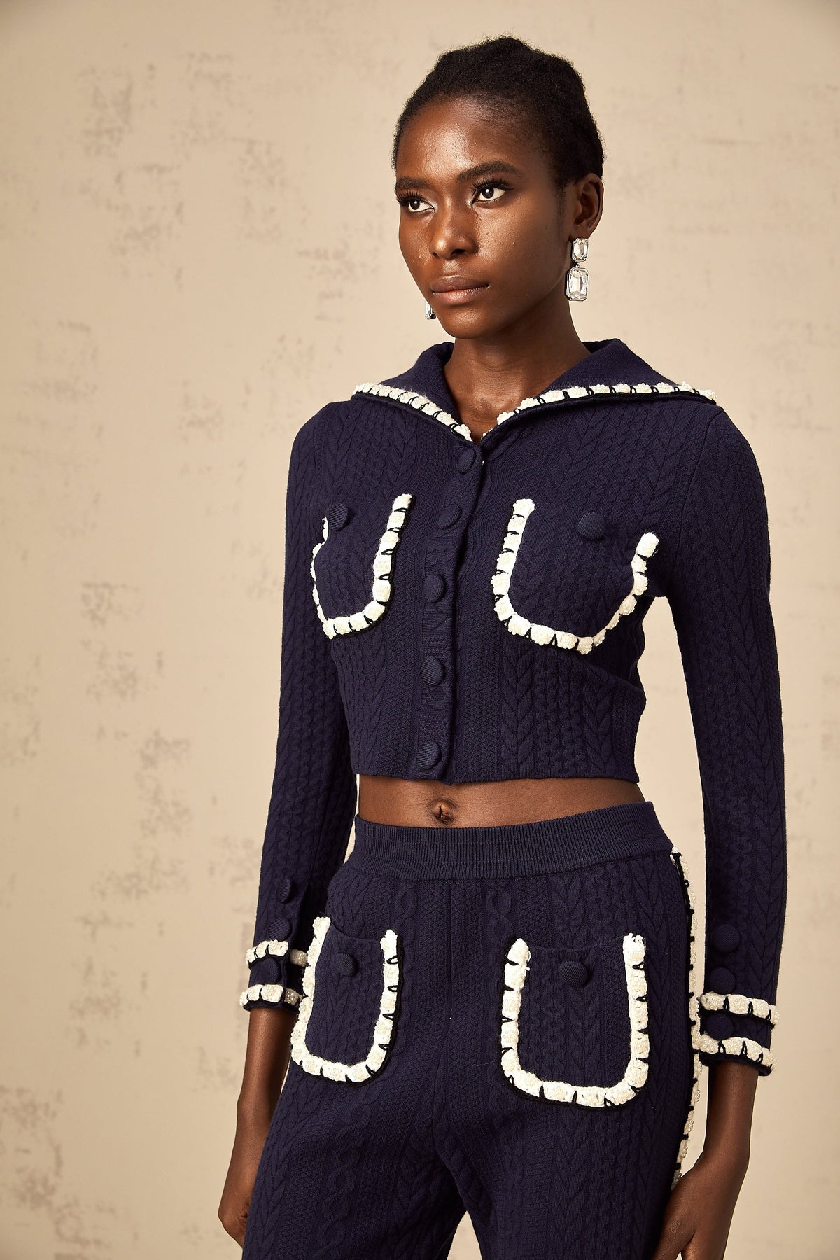 Elvira navy blue crochet-knit cardigan & trousers matching set (Final Sale)
