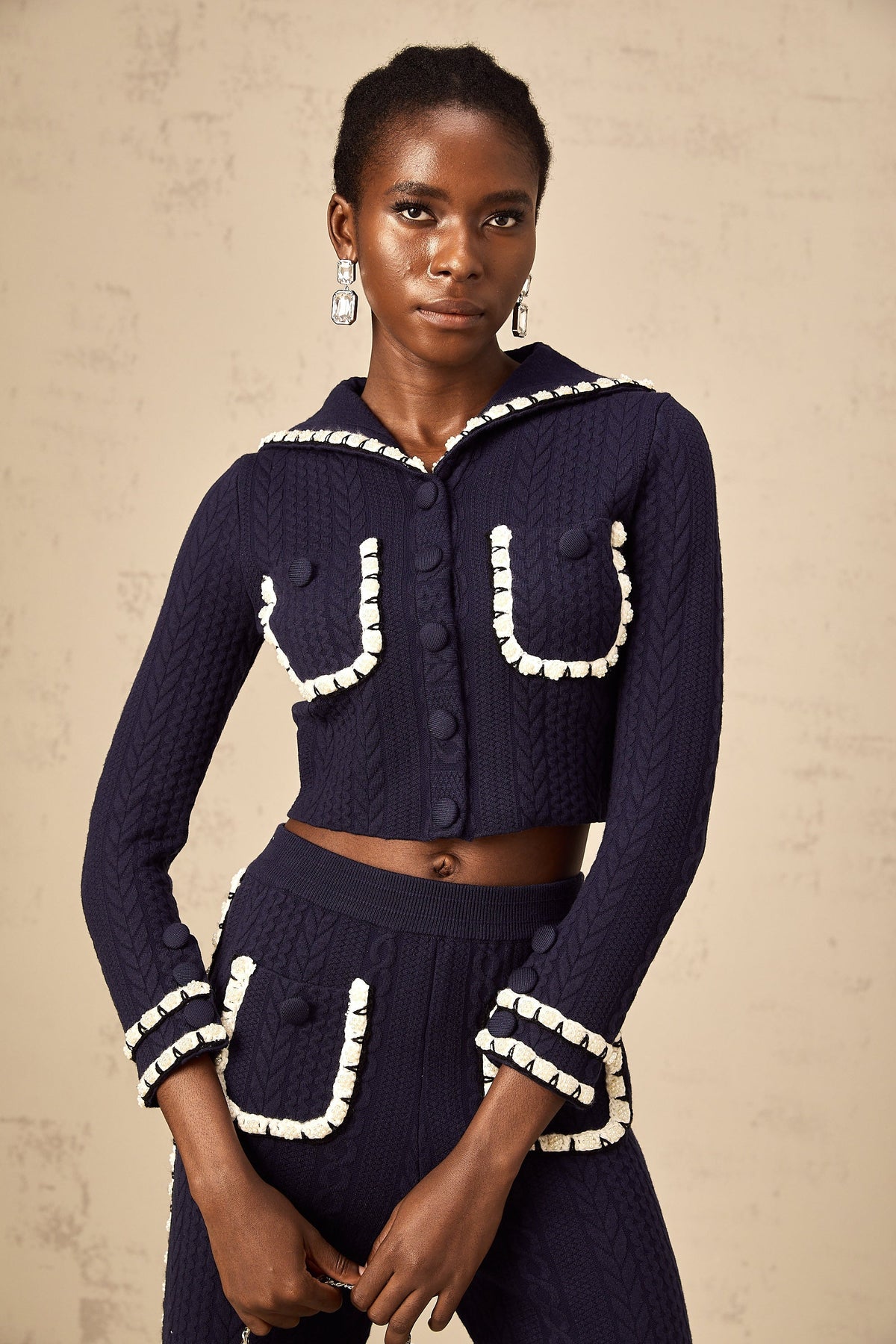 Elvira navy blue crochet-knit cardigan & trousers matching set (Final Sale)