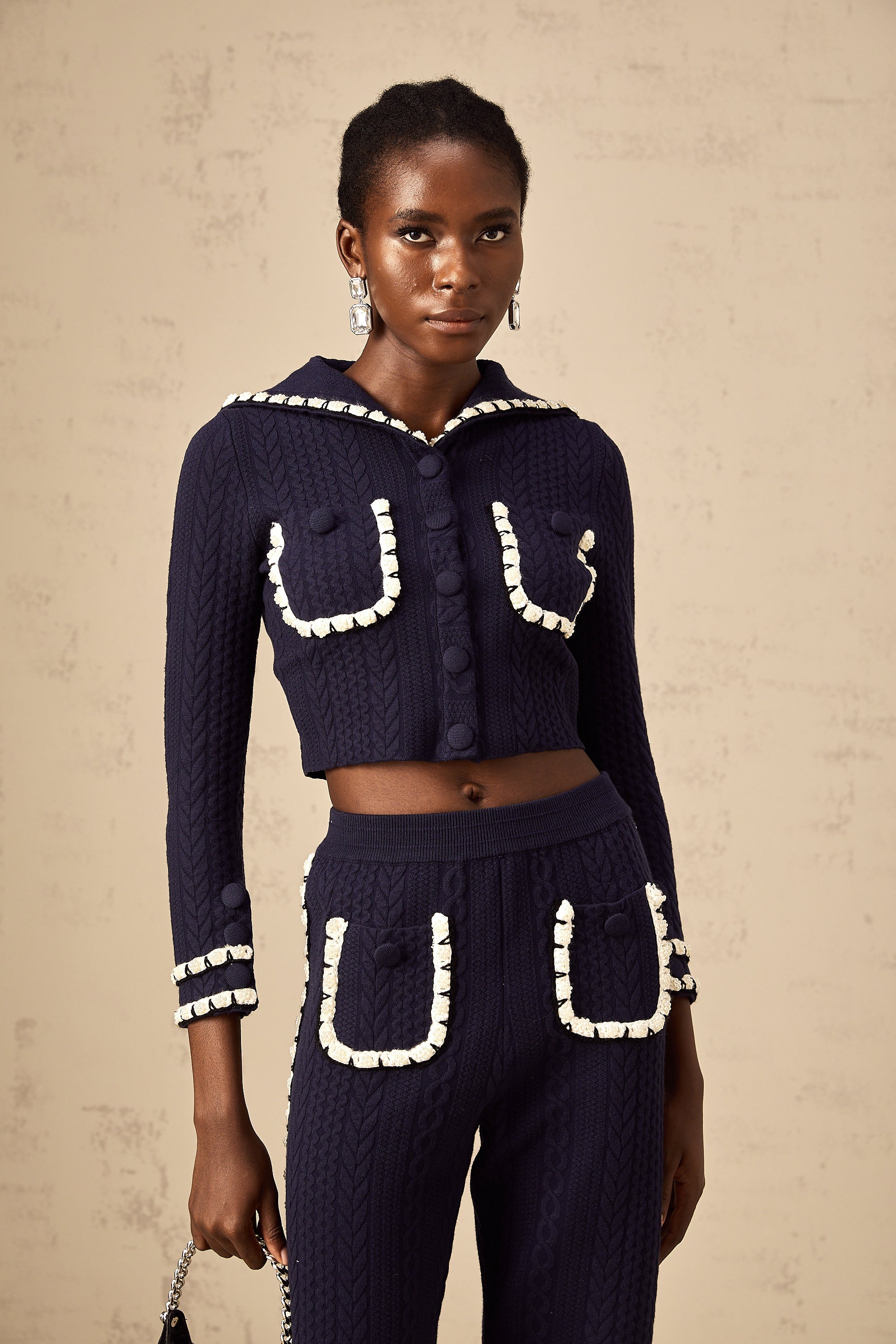 Elvira navy blue crochet-knit cardigan & trousers matching set (Final Sale-US Only)
