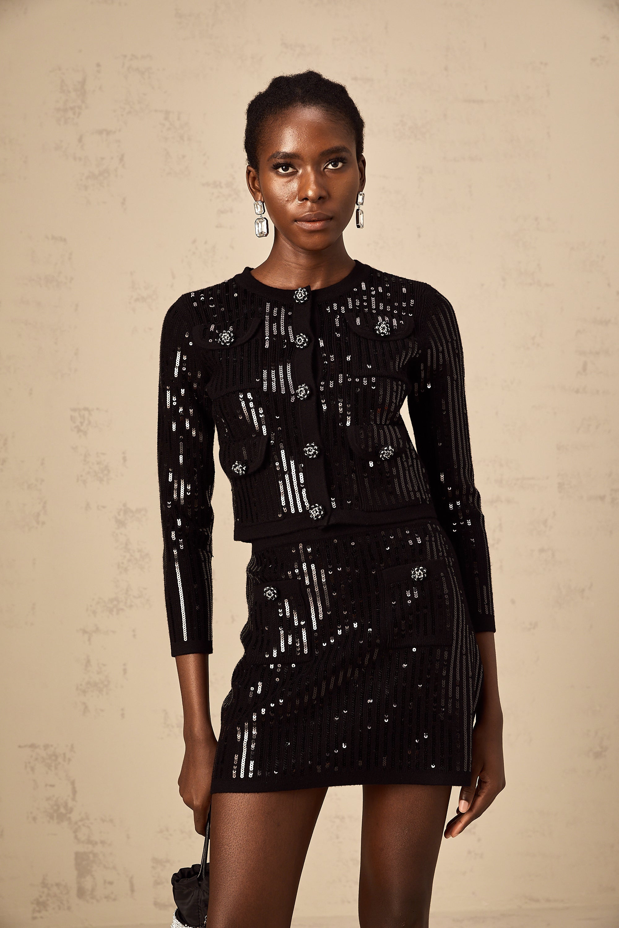Iris black sequined ribbed-knit cardigan & skirt matching set (Final Sale)