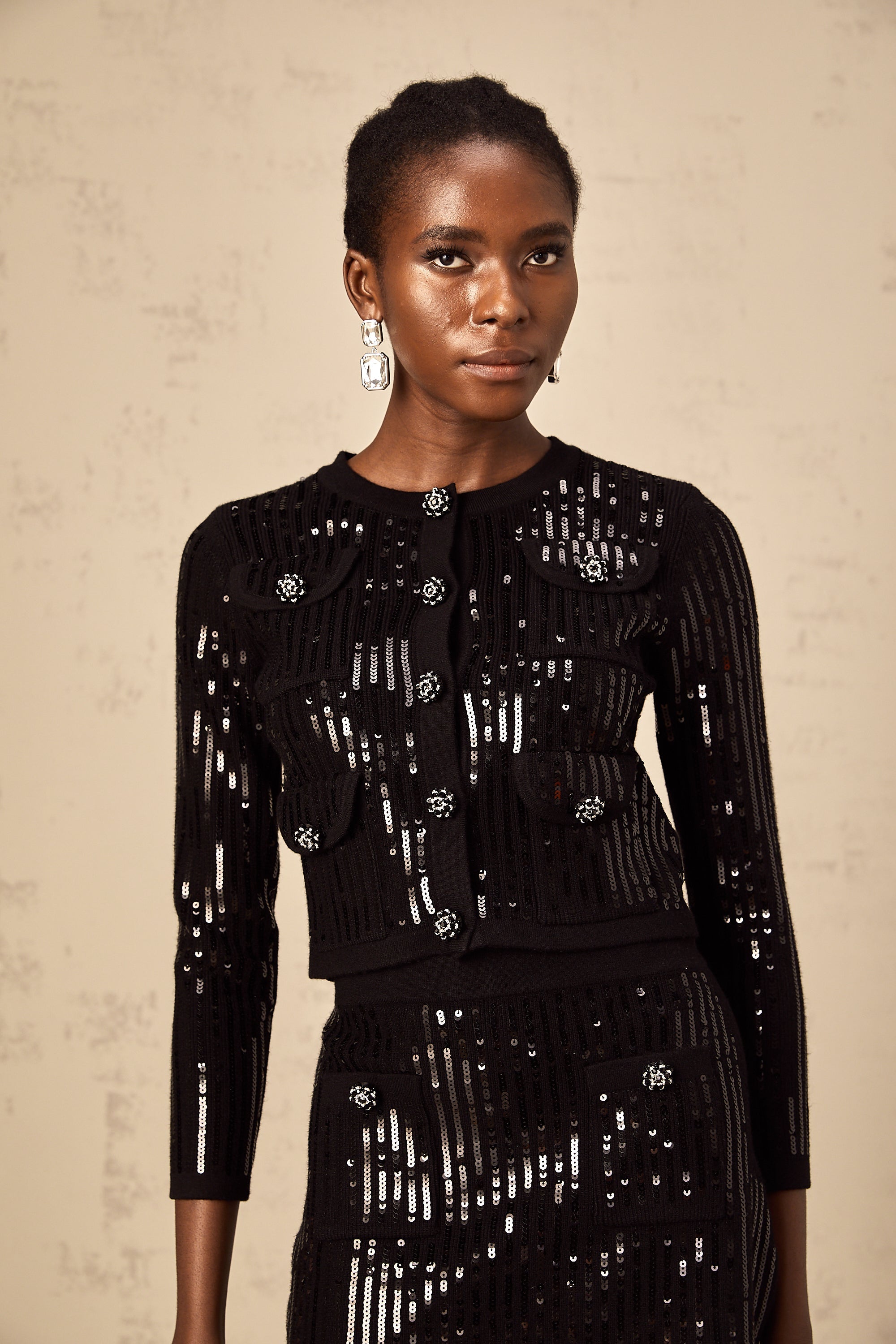 Iris black sequined ribbed-knit cardigan & skirt matching set (Final Sale)