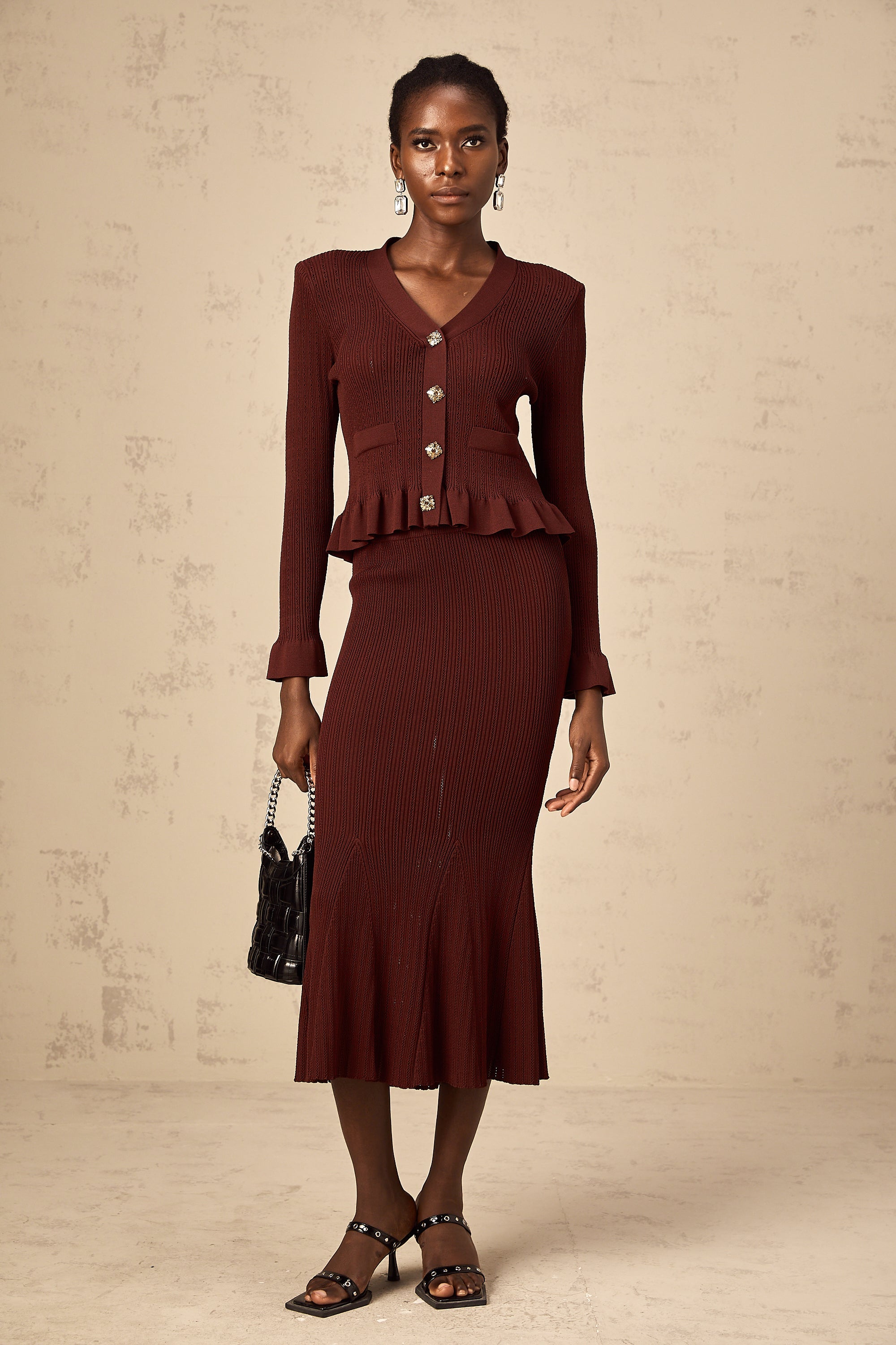 Corrine red ruffled knit top & skirt matching set (Final Sale)