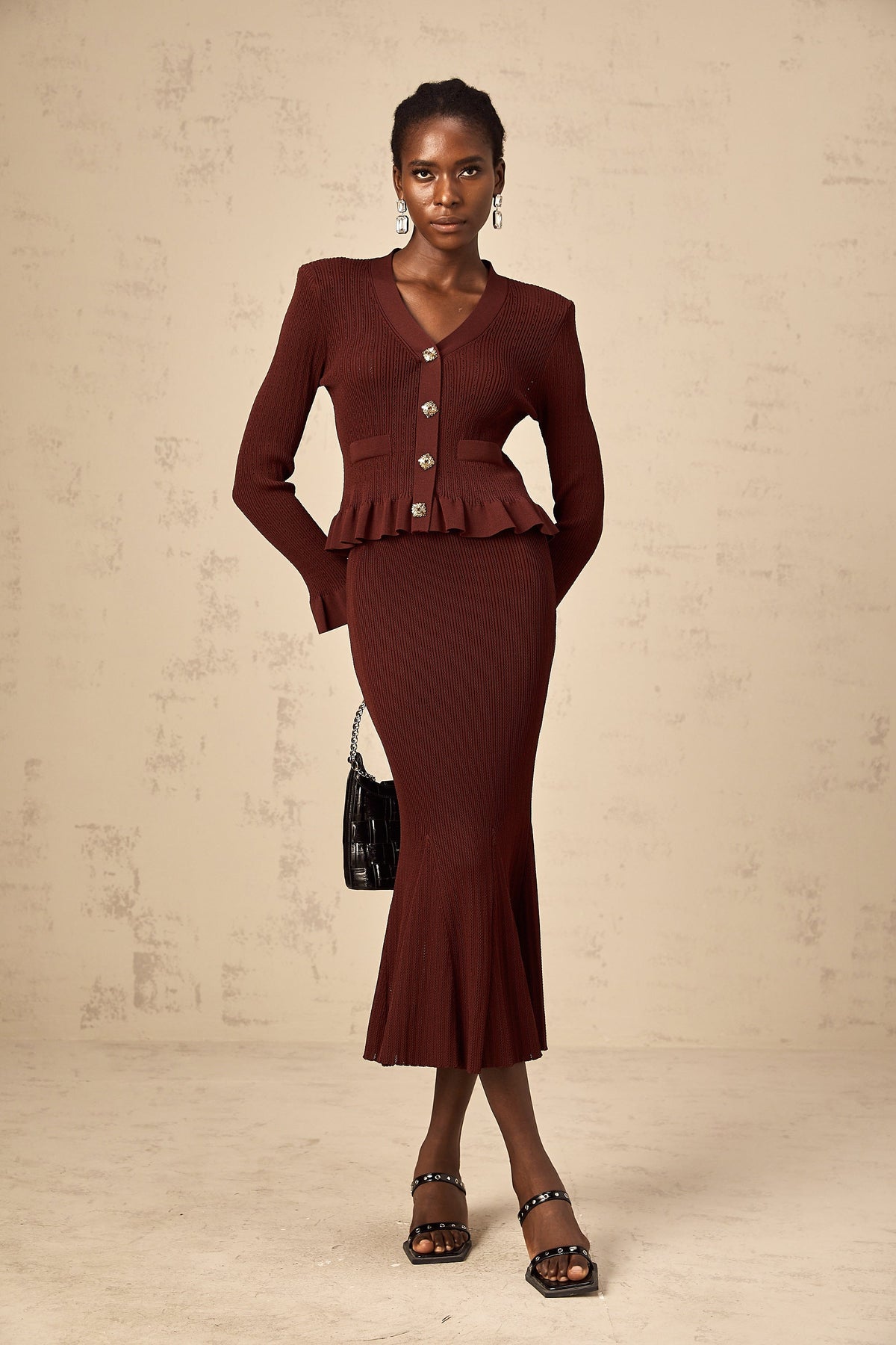 Corrine red ruffled knit top & skirt matching set (Final Sale)