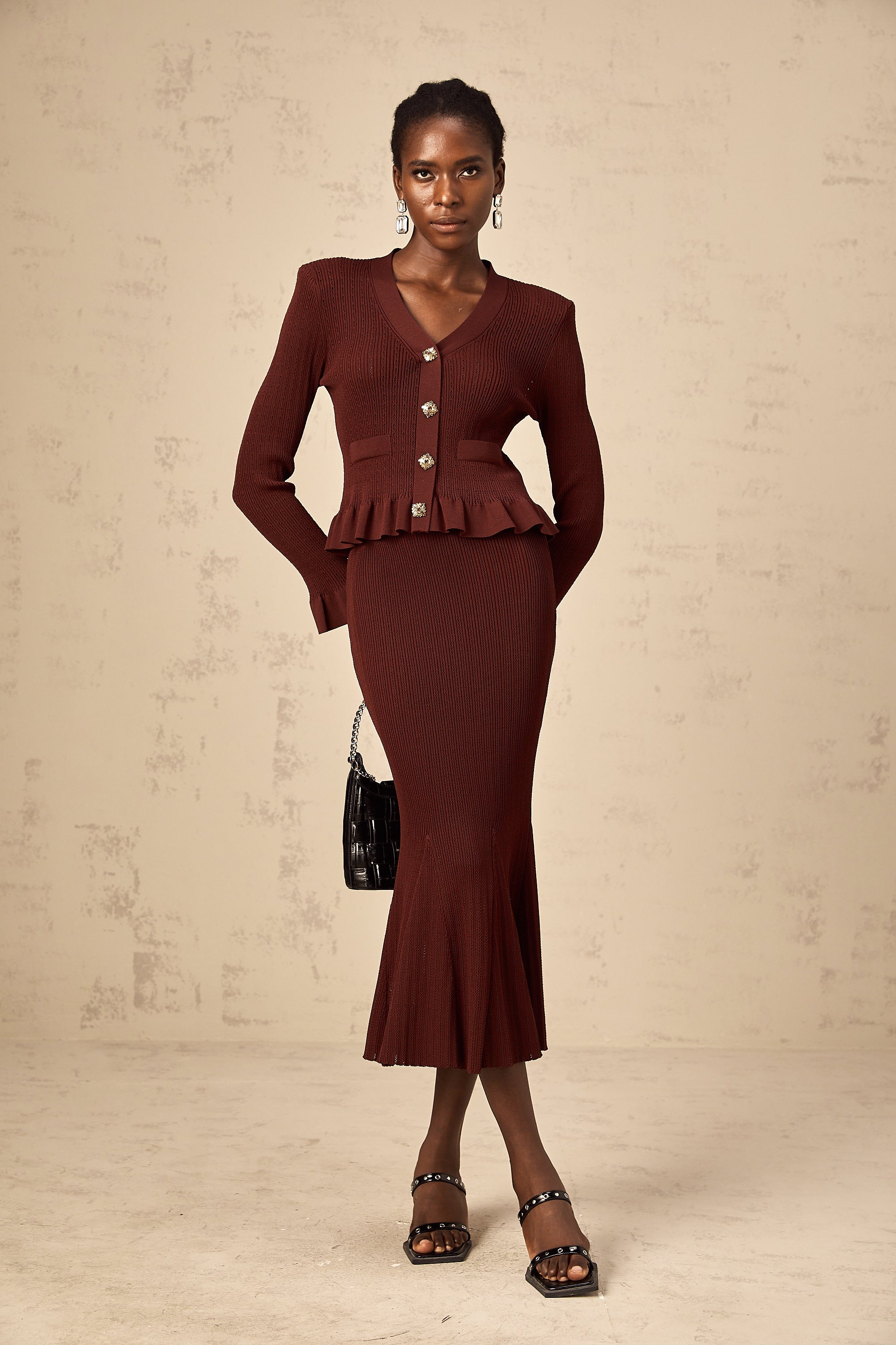 Corrine red ruffled knit top & skirt matching set (Final Sale-US Only)