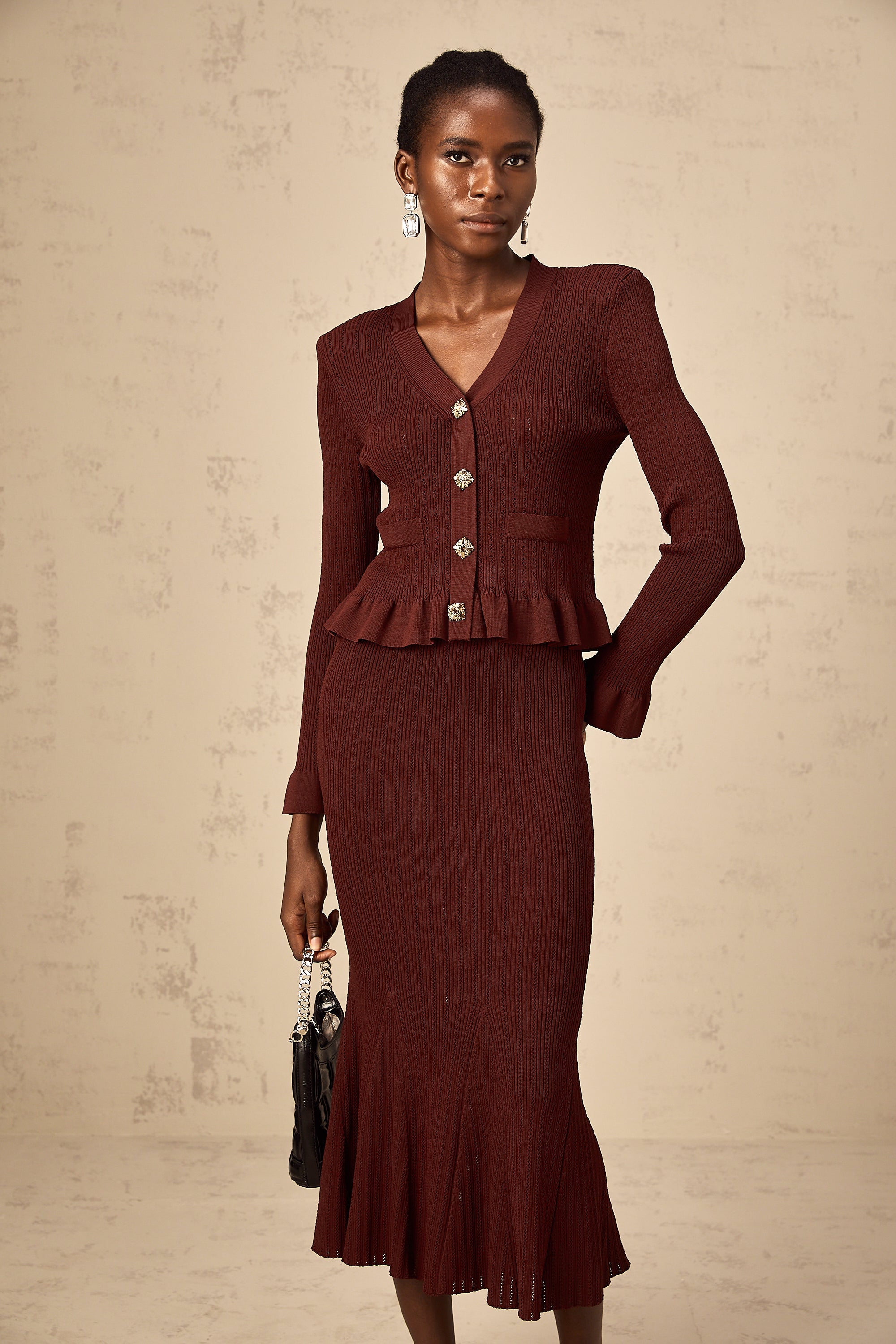 Corrine red ruffled knit top & skirt matching set (Final Sale)
