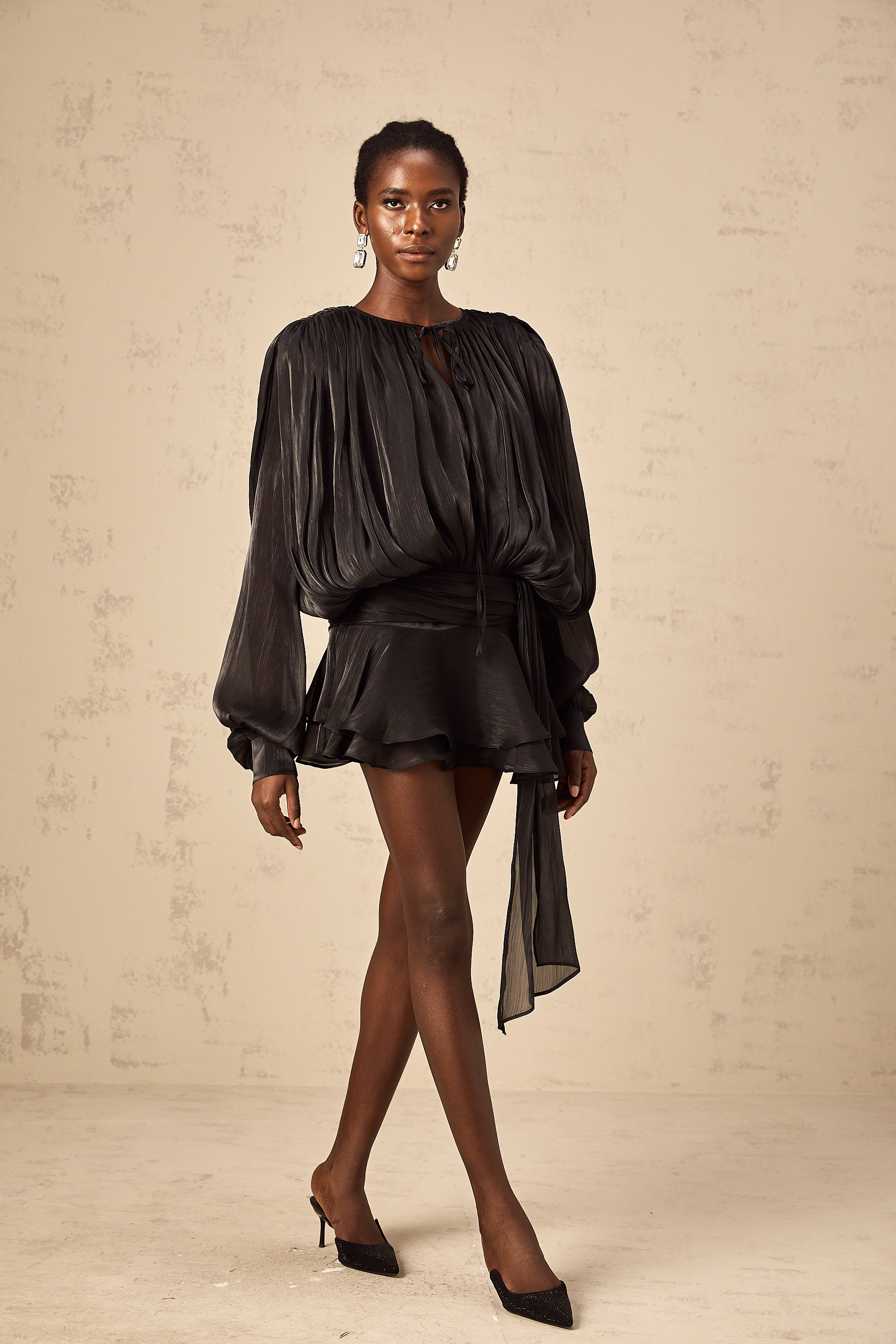Eugénie Black Fully Pleated Ruffled Mini Dress (Final Sale-US Only)
