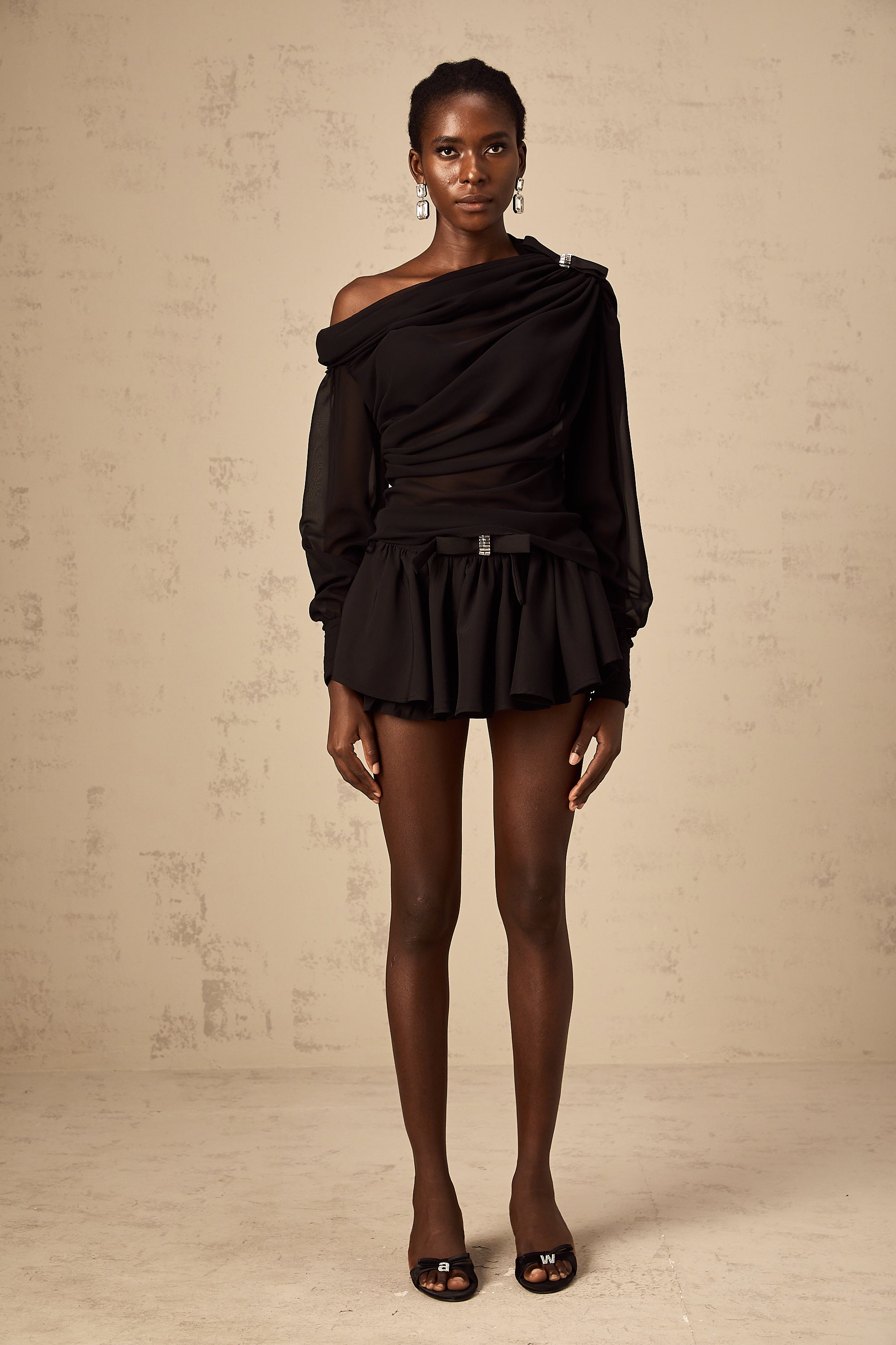 Andrea asymmetrical tulle blouse & skirt matching set in Black