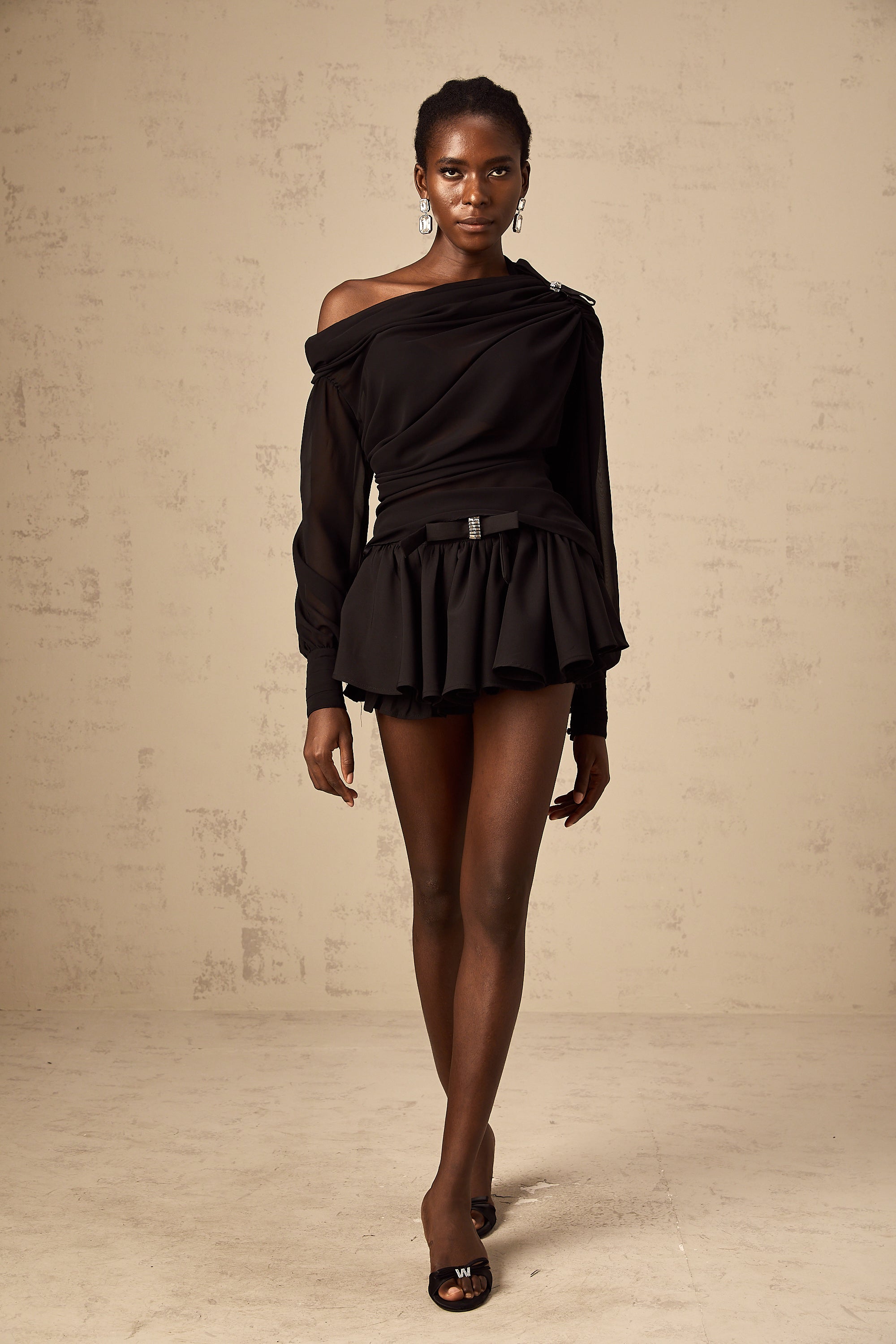 Andrea asymmetrical tulle blouse & skirt matching set in Black