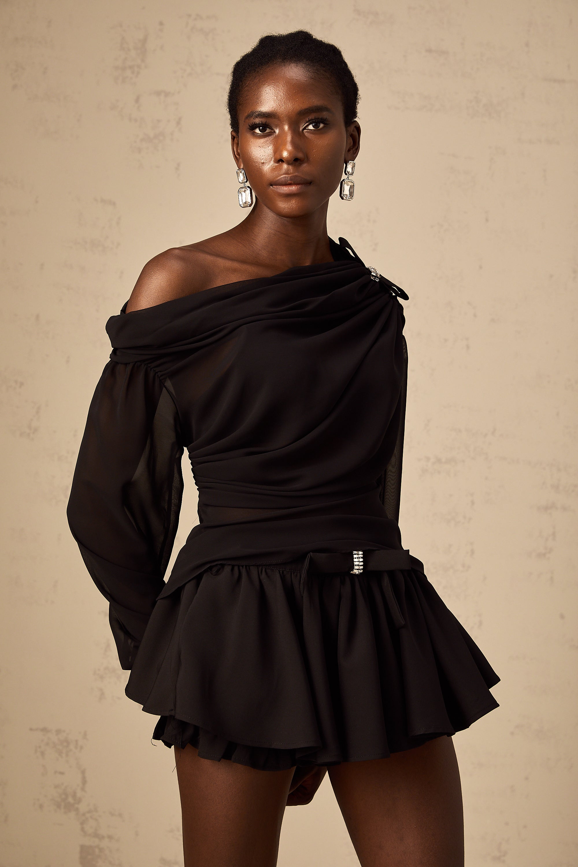 Andrea asymmetrical tulle blouse & skirt matching set in Black