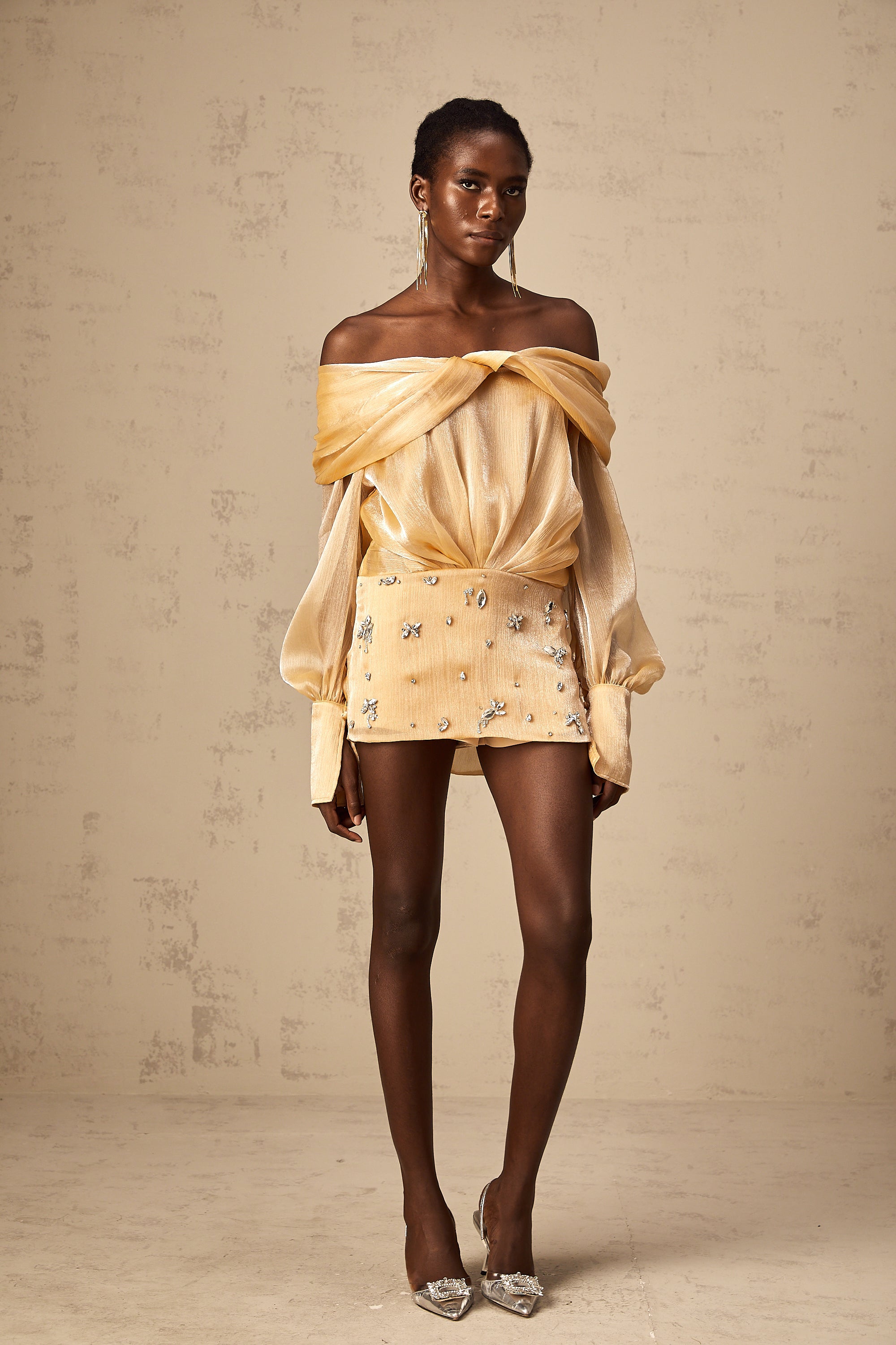 Adelina gold crystal-embellished panelled mini dress (Final Sale)