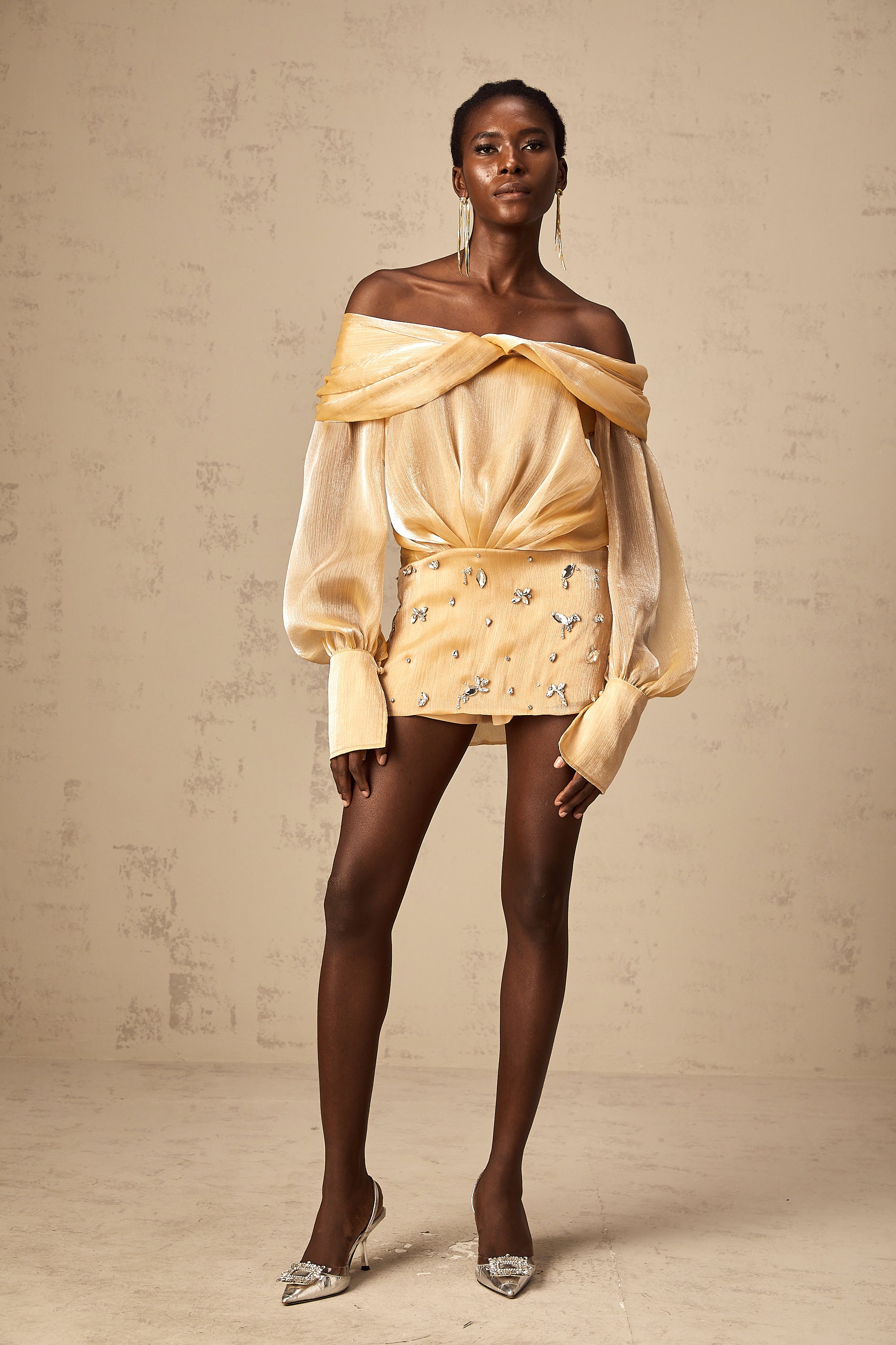 Adelina gold crystal-embellished panelled mini dress (Final Sale)