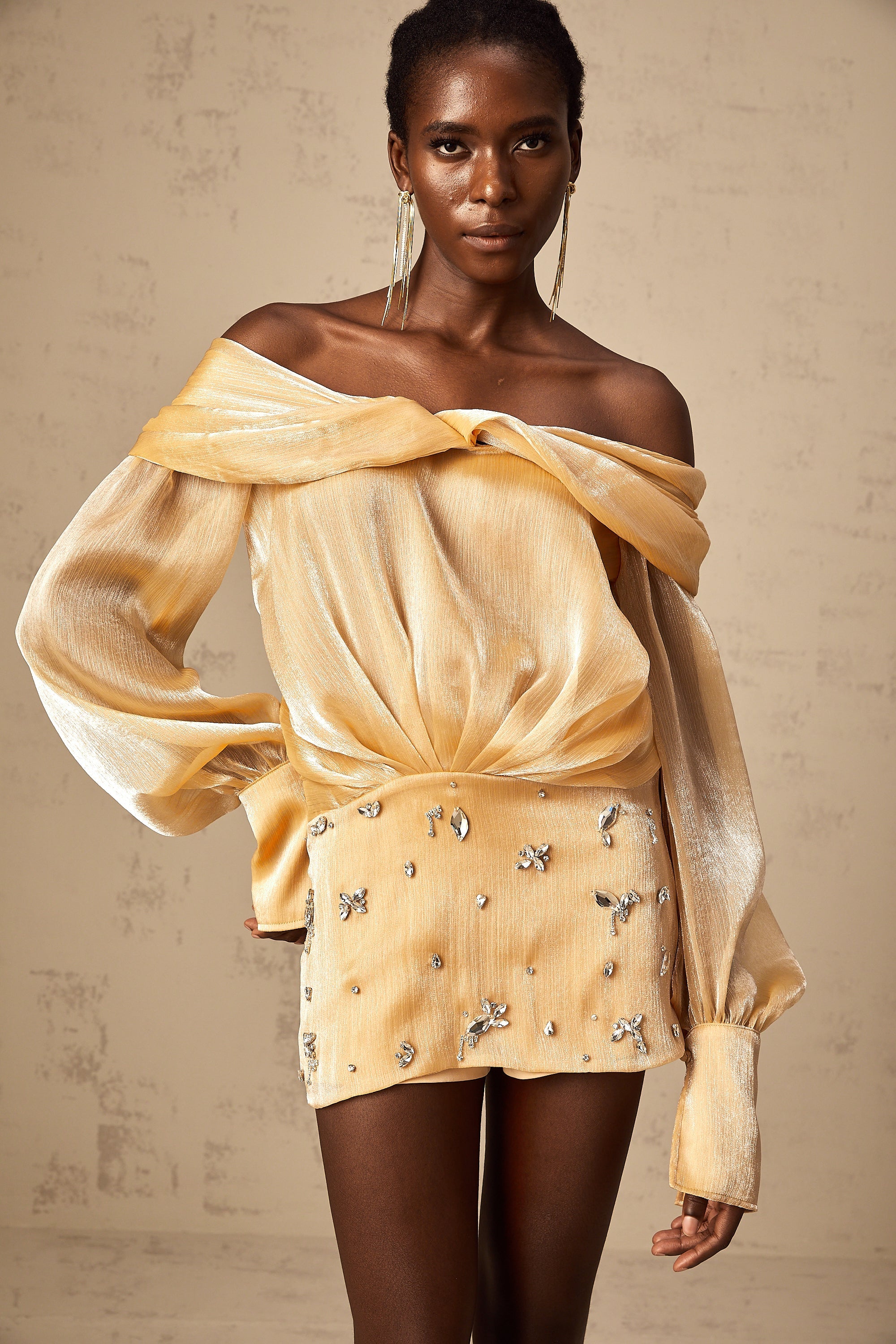 Adelina gold crystal-embellished panelled mini dress (Final Sale)