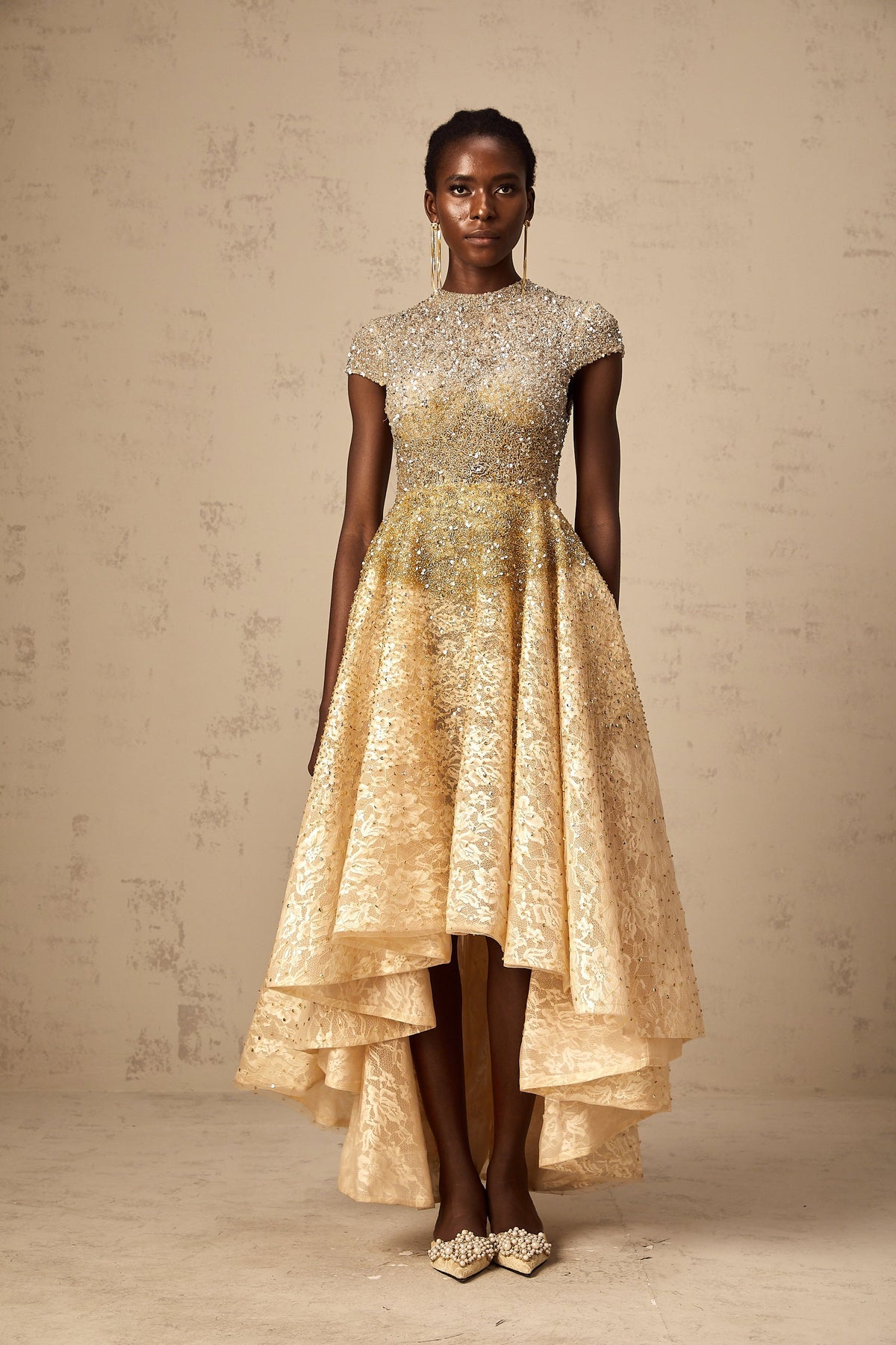Francis neutrals sequined high-low hem dress