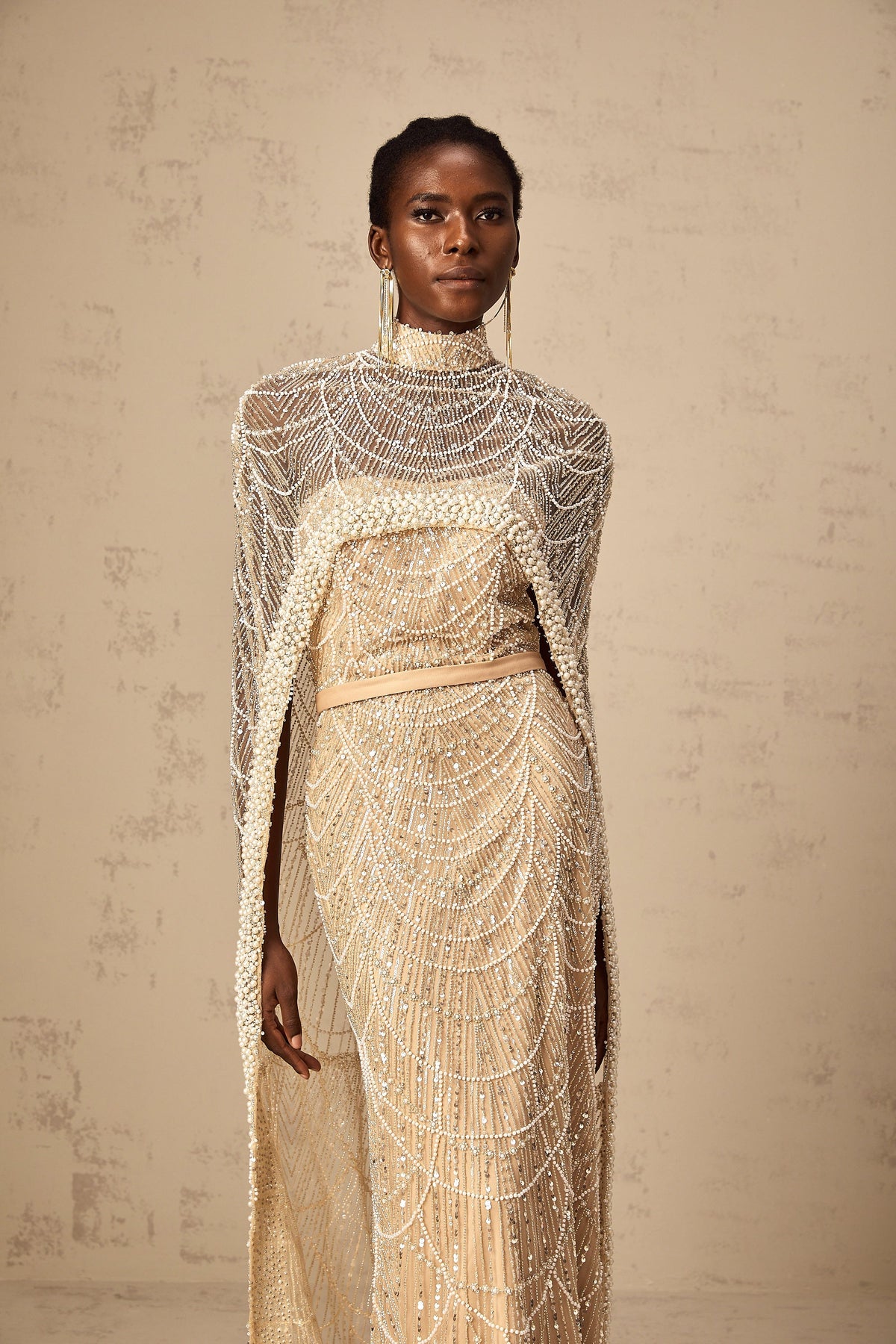 Frederica champagne beaded cape & gown matching set
