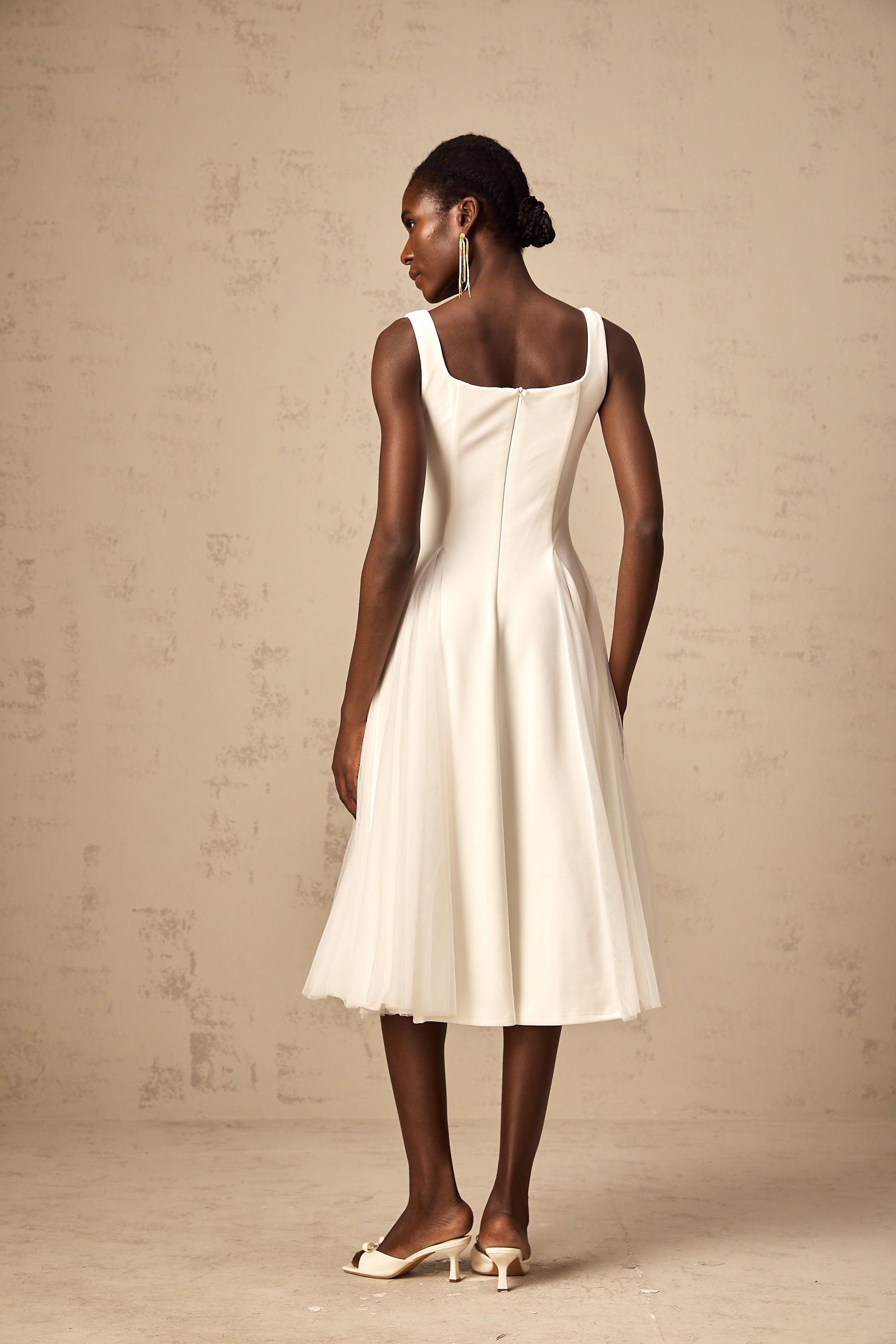 Danielle white tulle godet midi dress (US Only)