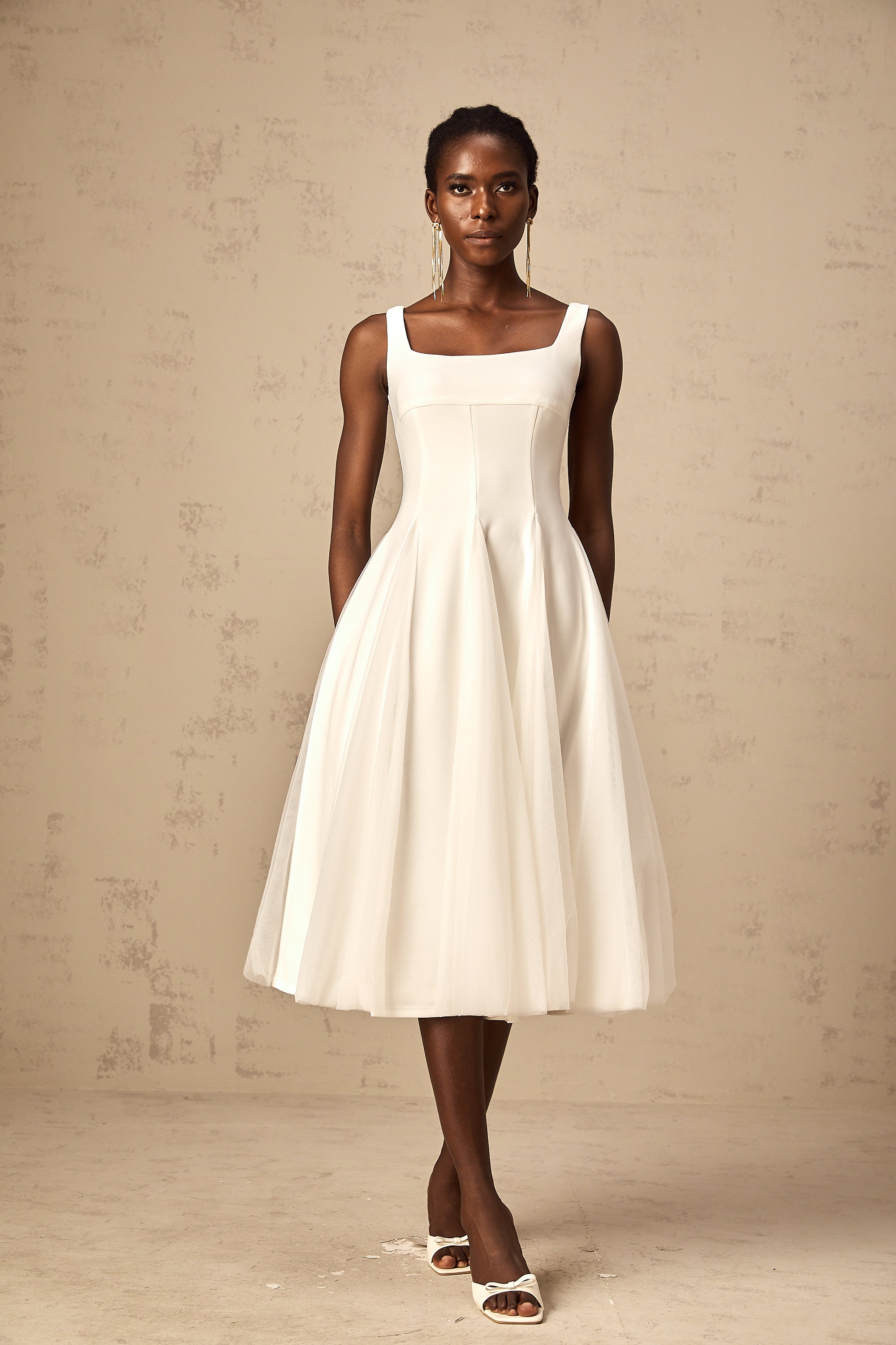 Danielle white tulle godet midi dress (US Only)