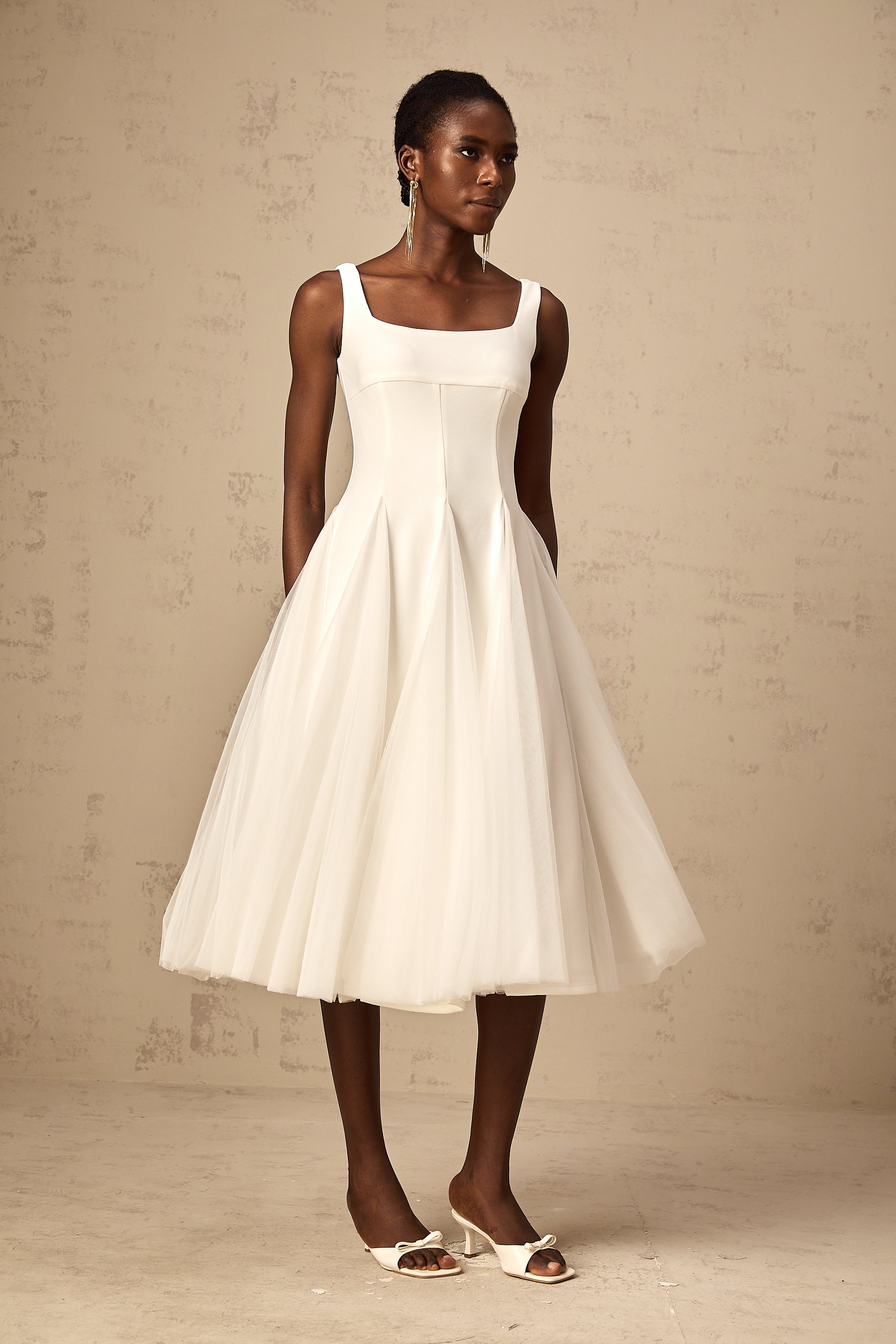 Danielle white tulle godet midi dress (US Only)