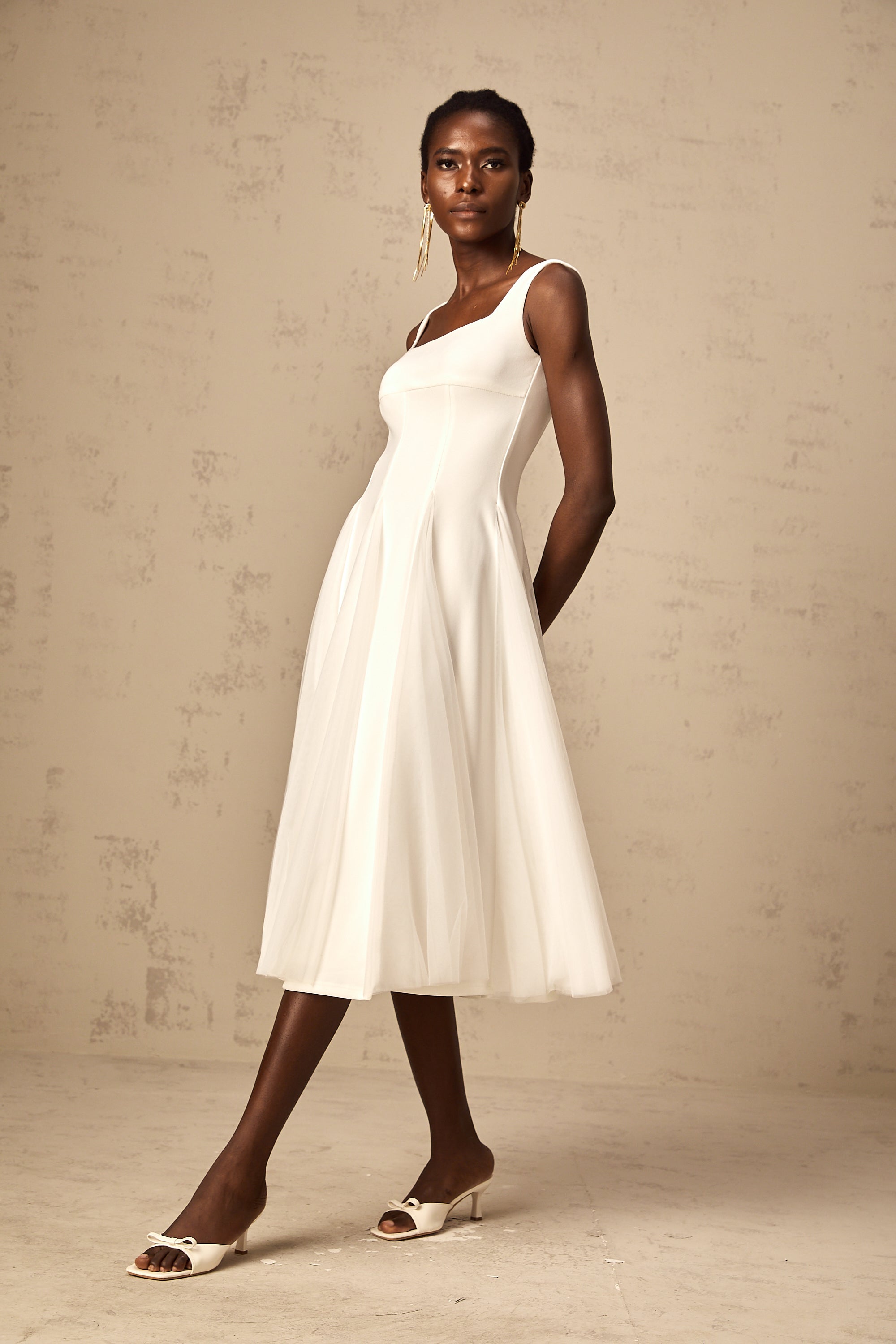 Danielle white tulle godet midi dress (US Only)