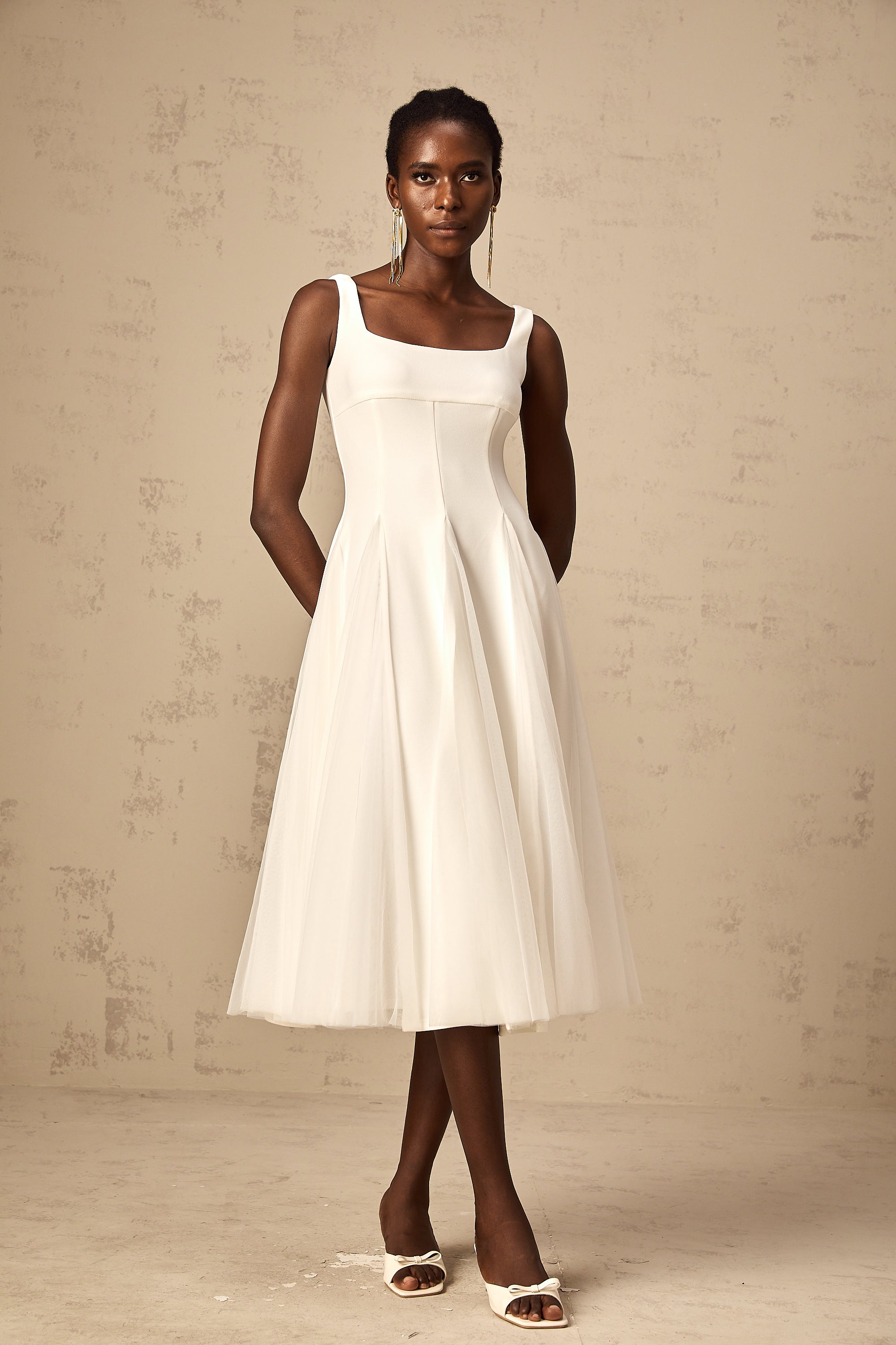 Danielle white tulle godet midi dress (US Only)