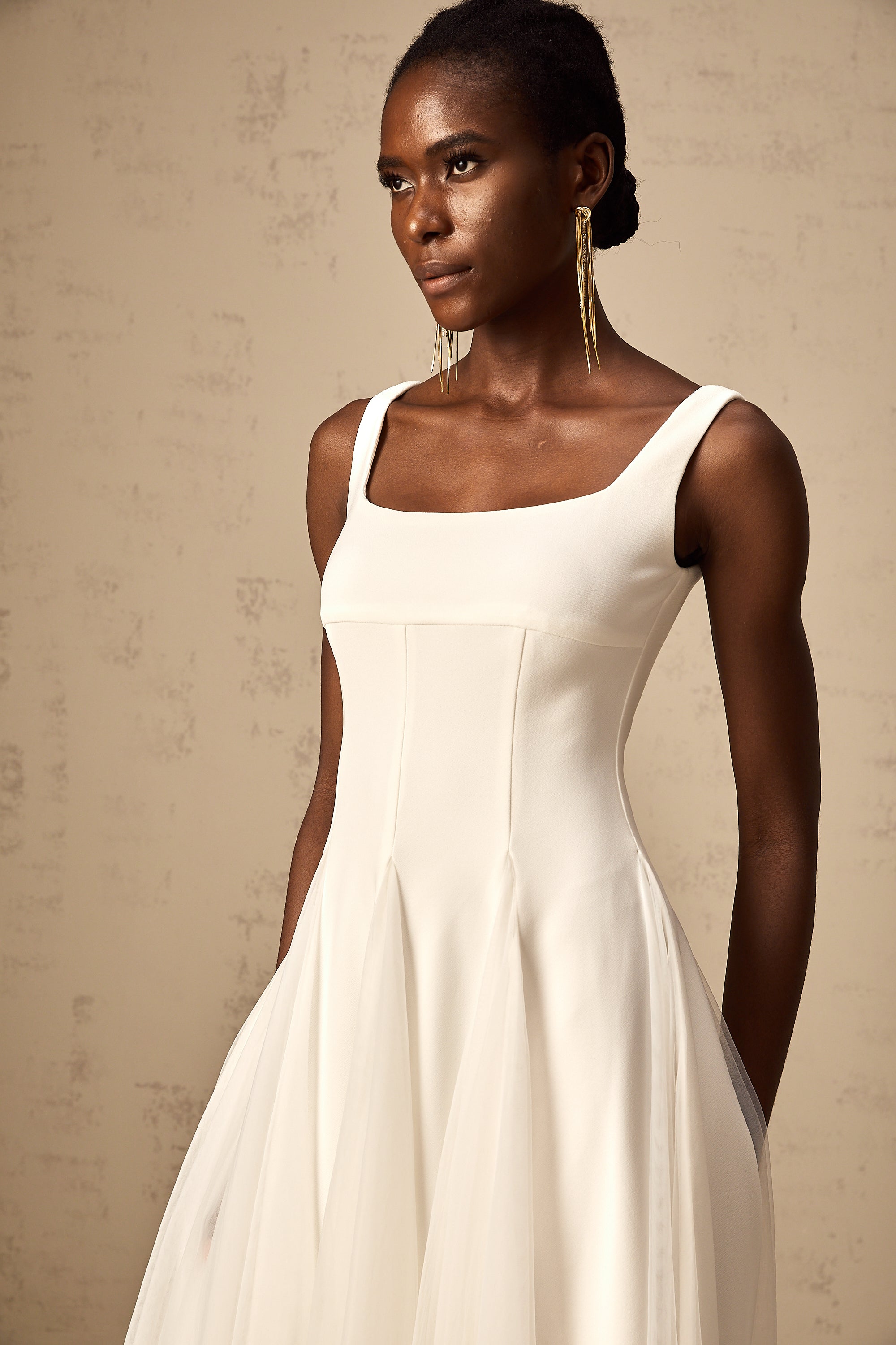 Danielle white tulle godet midi dress (US Only)